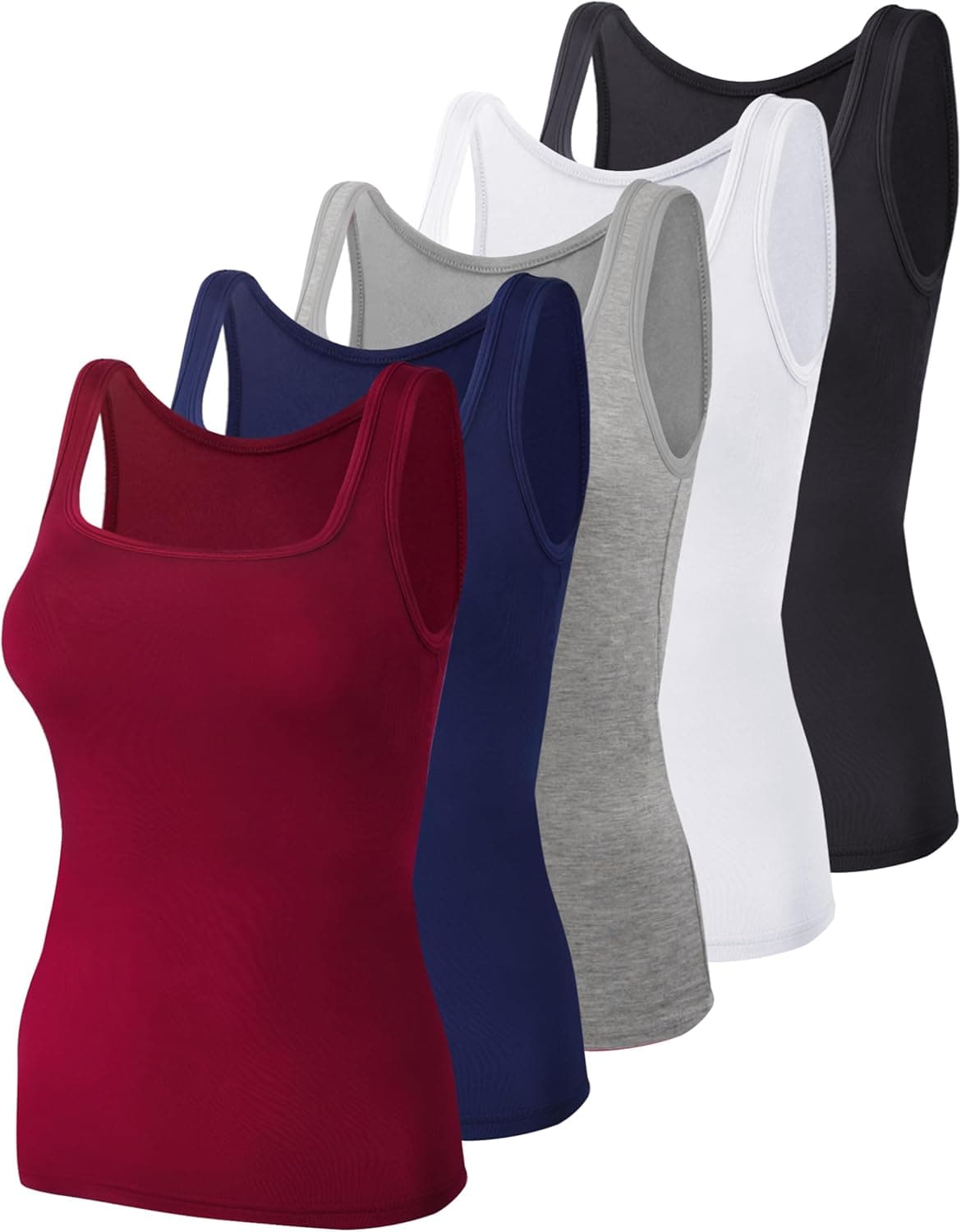 BQTQ 5 Pack Women's Tank Tops Square Neck Sleeveless Ladies Tank Top Undershirts Large Black, White, Gray, Darkred，navy - Image 2