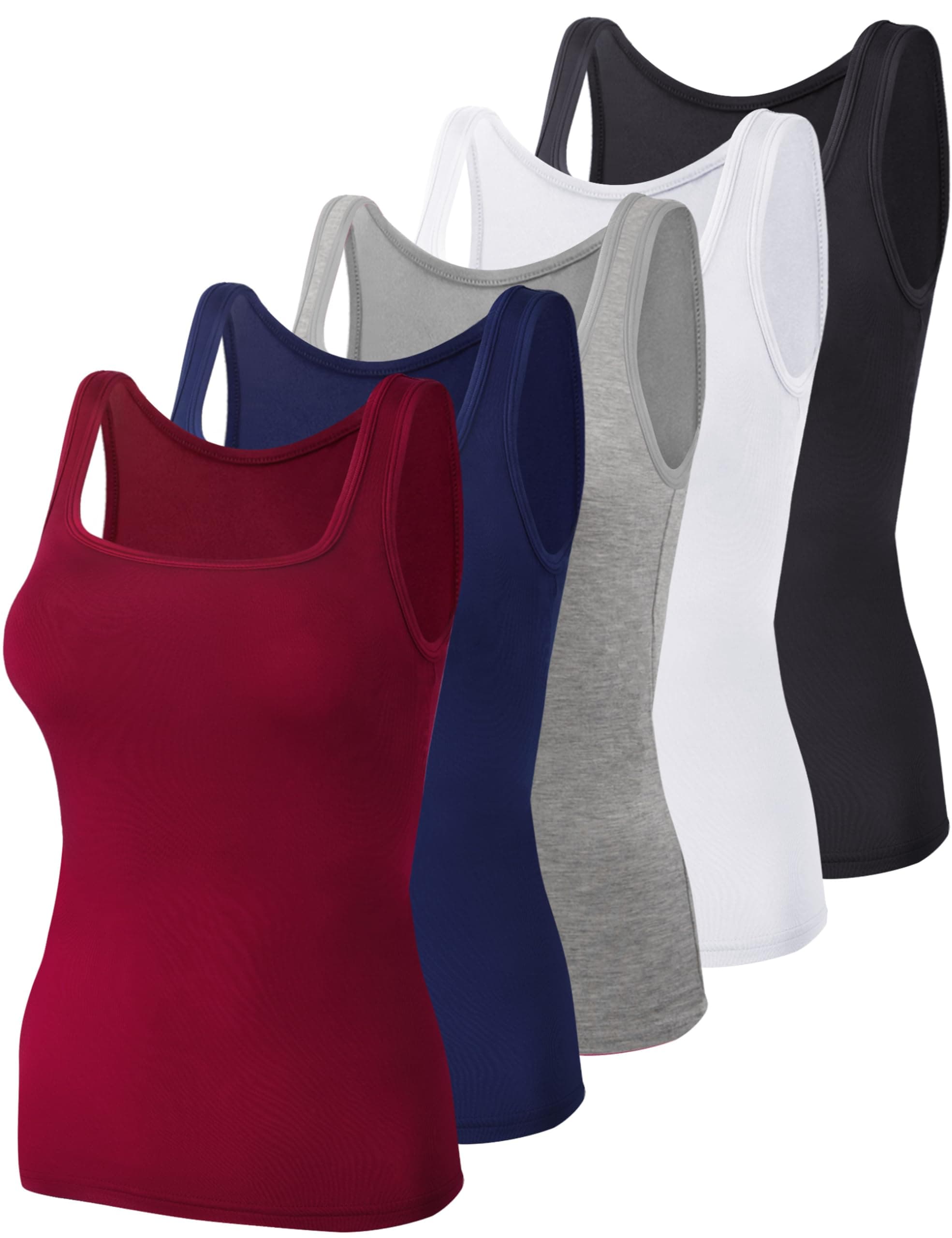 BQTQ 5 Pack Women's Tank Tops Square Neck Sleeveless Ladies Tank Top Undershirts Large Black, White, Gray, Darkred，navy