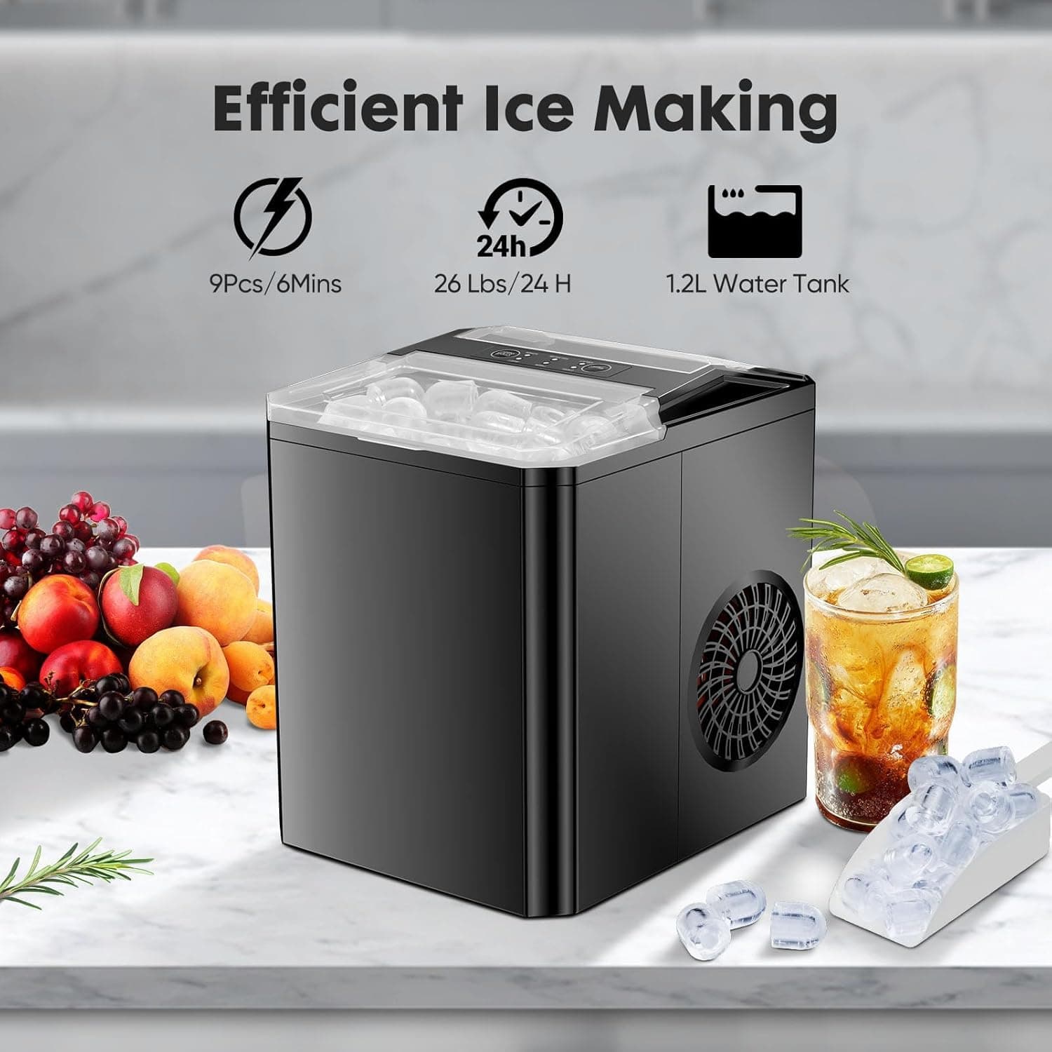 Sweetcrispy Countertop Ice Maker, Portable Ice Machine Self-Cleaning, 9 Cubes in 6 Mins, 26 lbs/24Hrs, 2 Sizes of Bullet Ice for Home Party Office,Elegant Black - Image 7