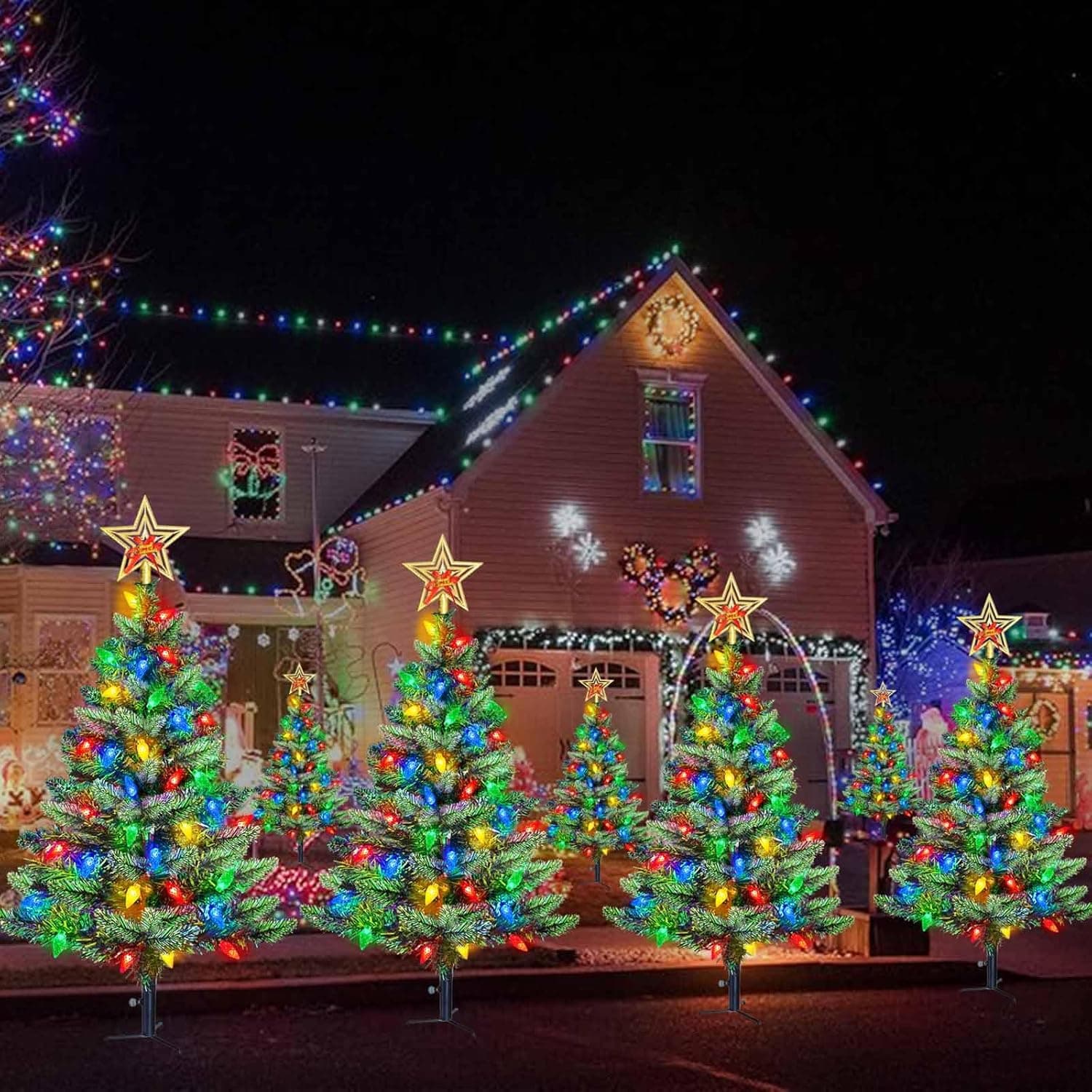 Upgraded Set of 2 Solar Christmas Tree, Outdoor Christmas Decorations,Prelit Xmas Tree w/ 100 LED Multi-color C6 String Lights for Outsdie Holiday Display Yard Front Porch Pathway Grave Cemetery Decor - Image 7