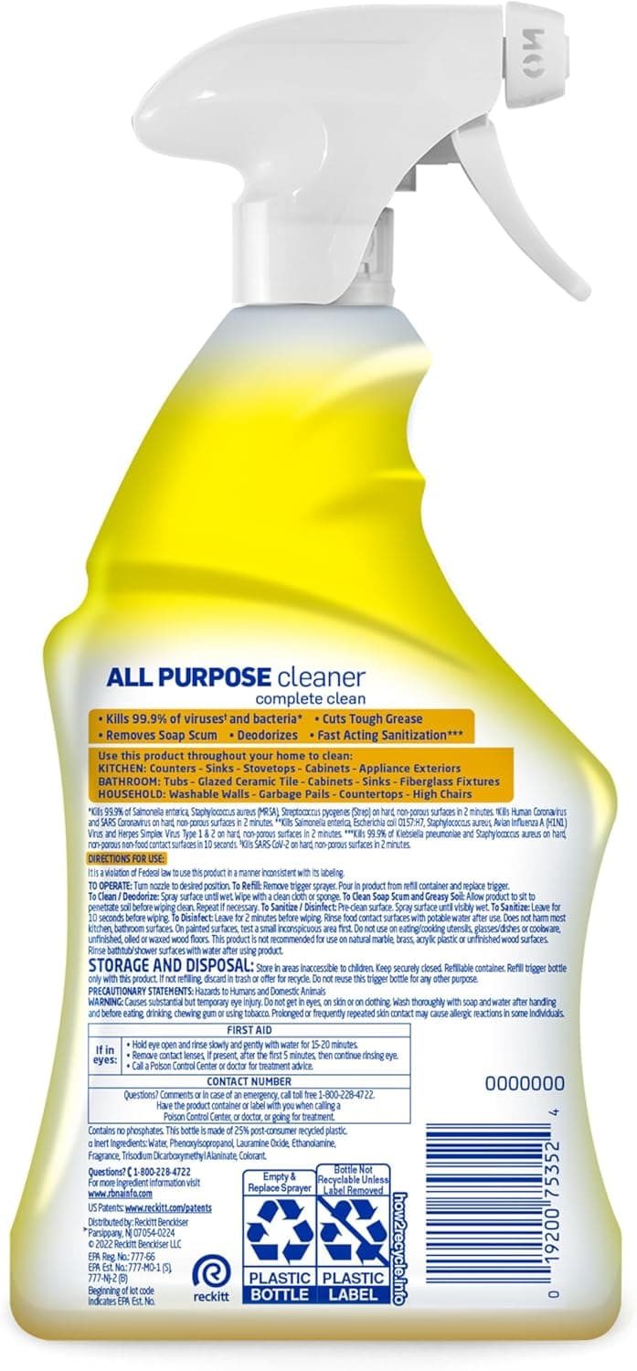 Lysol All Purpose Cleaner Spray, Multi-Purpose Disinfecting Spray, Kitchen & Bathroom Cleaner, Lemon Breeze Scent, 32 Fl Oz Lemon Breeze 32 Fl Oz (Pack of 1) - Image 9