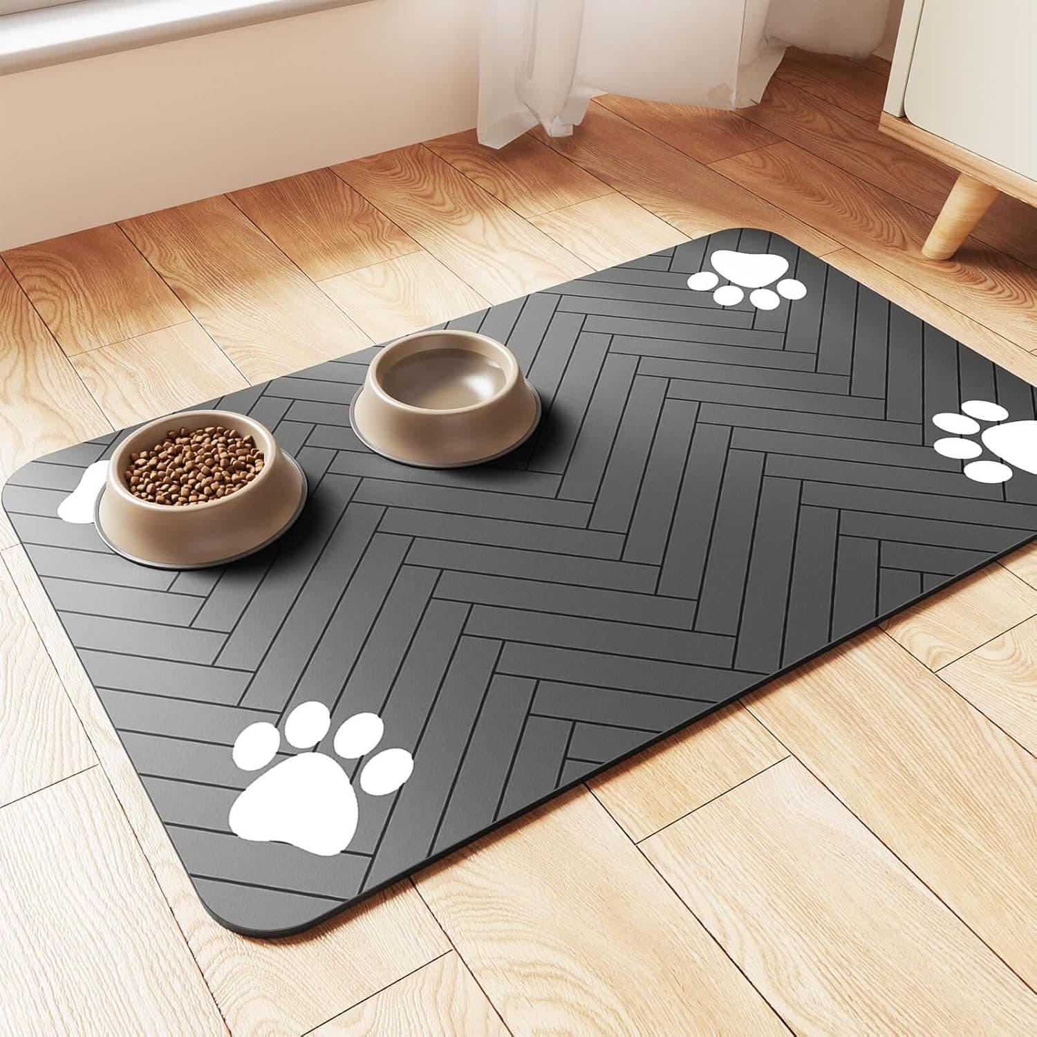 Pet Feeding Mat-Absorbent Pet Placemat for Food and Water Bowl, with Waterproof Rubber Backing, Quick Dry Water Dispenser Mat for Dog and Cat (20"x12", Striped Dark Gray) Dark Gray 20"L x 12"W - Image 2