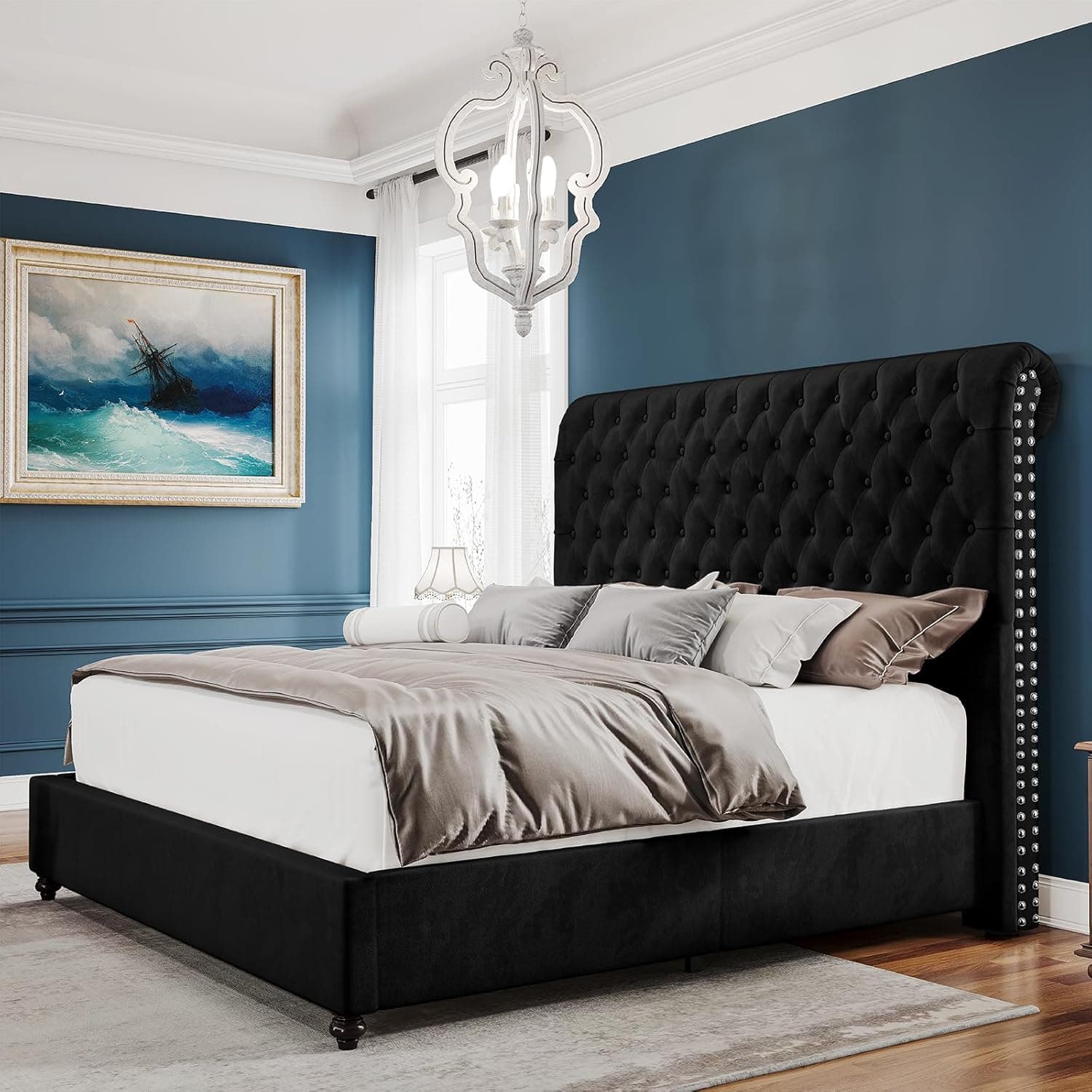 PaPaJet King Bed Frame Upholstered Platform Bed Frame with 53'' Tall Sleigh Headboard, Button Tufted, No Box Spring Needed, Easy Assembly, Black Black King - Image 9