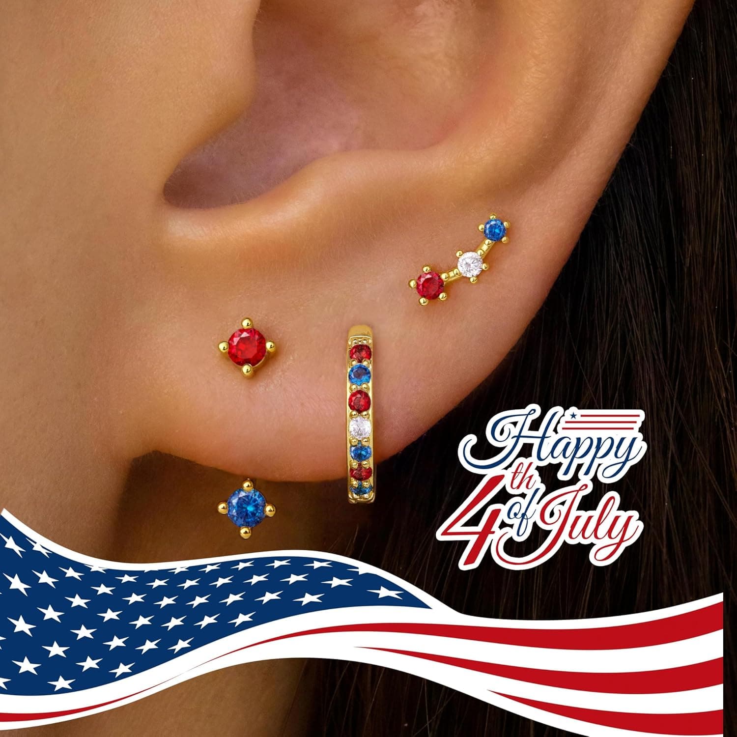 Gold Plated Stud Huggie Earrings Stack for Women Trendy, 3 Pairs Small Cute Hoop Jacket Cartilage Earring Set, Fashion Accessories Holiday Western Jewelry Christmas Gifts Gold-Tone 4th of July earrings(Gold Red White Blue) - Image 3