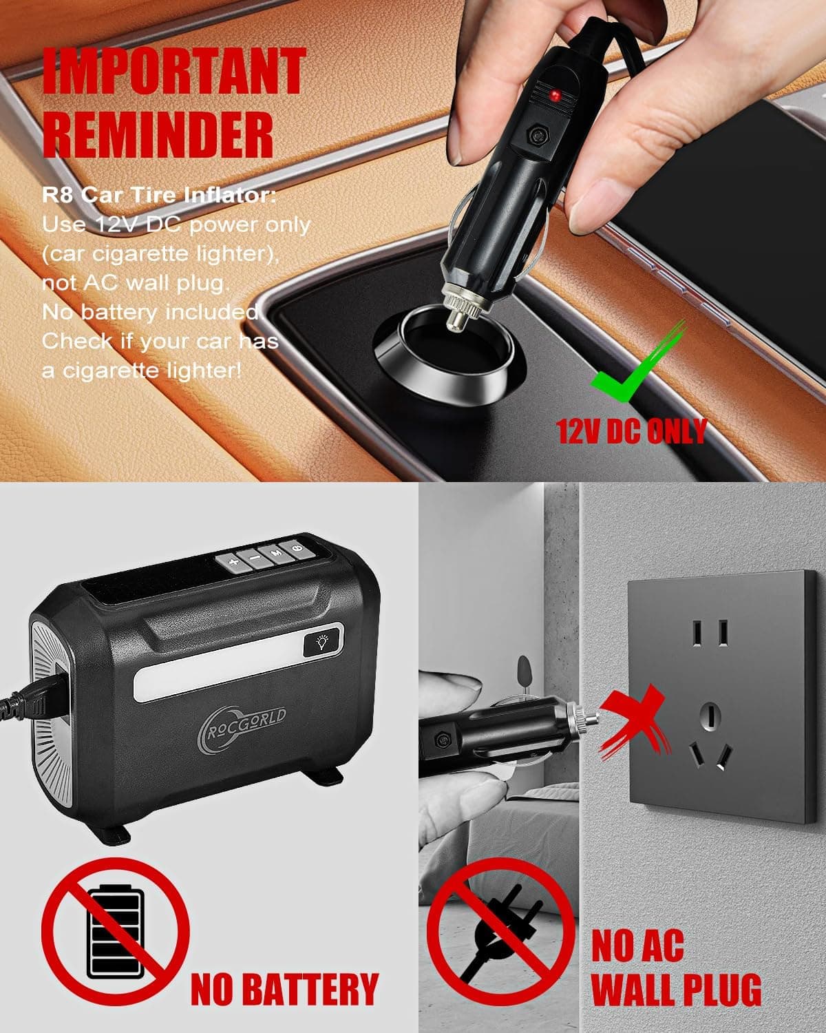 R8 Tire Inflator Portable Air Compressor, DC 12V Air Compressor Portable with Large Dual Digital Screen, 3X Faster Inflation Air Pump for Car, Bike, Ball, Motor Red - Image 8