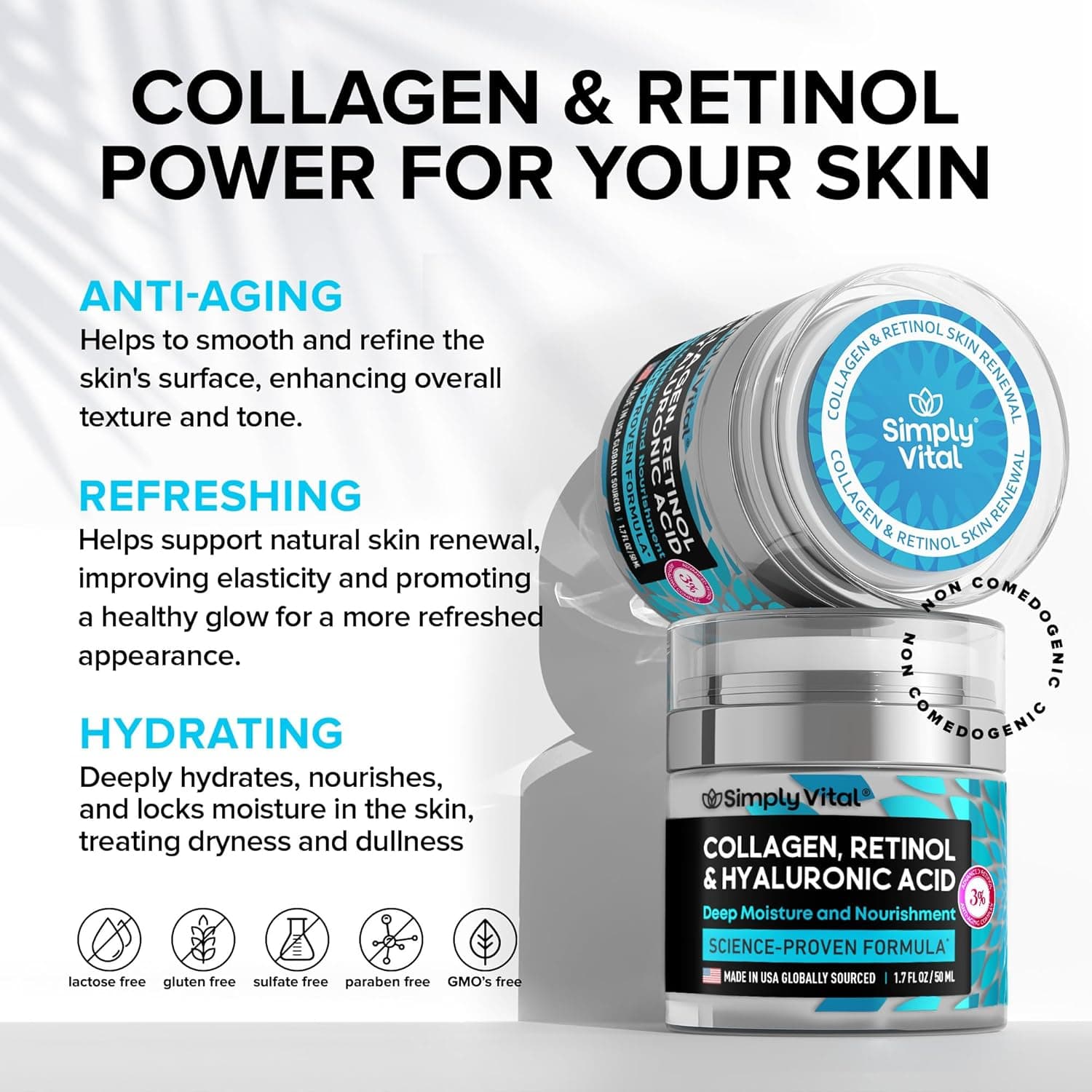 SimplyVital Collagen, Retinol & Hyaluronic Acid Cream - Anti-Aging Face Moisturizer for Face, Firming Skin Care Neck & Décolleté - Made in USA, Daily Moisturizer Face Cream Day & Night - 1.7 fl.oz. Cream 1.7 Fl Oz (Pack of 1) - Image 4