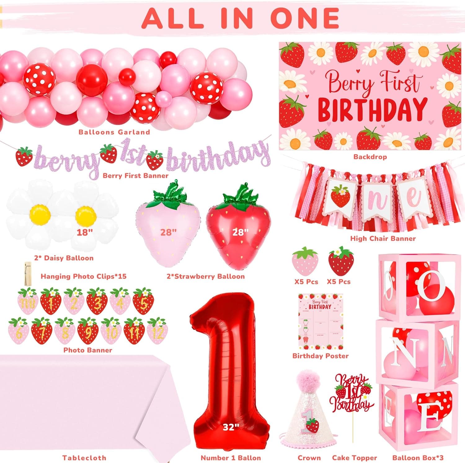 Berry First Birthday Decor Strawberry 1st Birthday Decorations for Girls with Balloon Arch, Highchair Banner Strawberry Theme Backdrop, Photo Banner, Cake Topper Pink - Image 3
