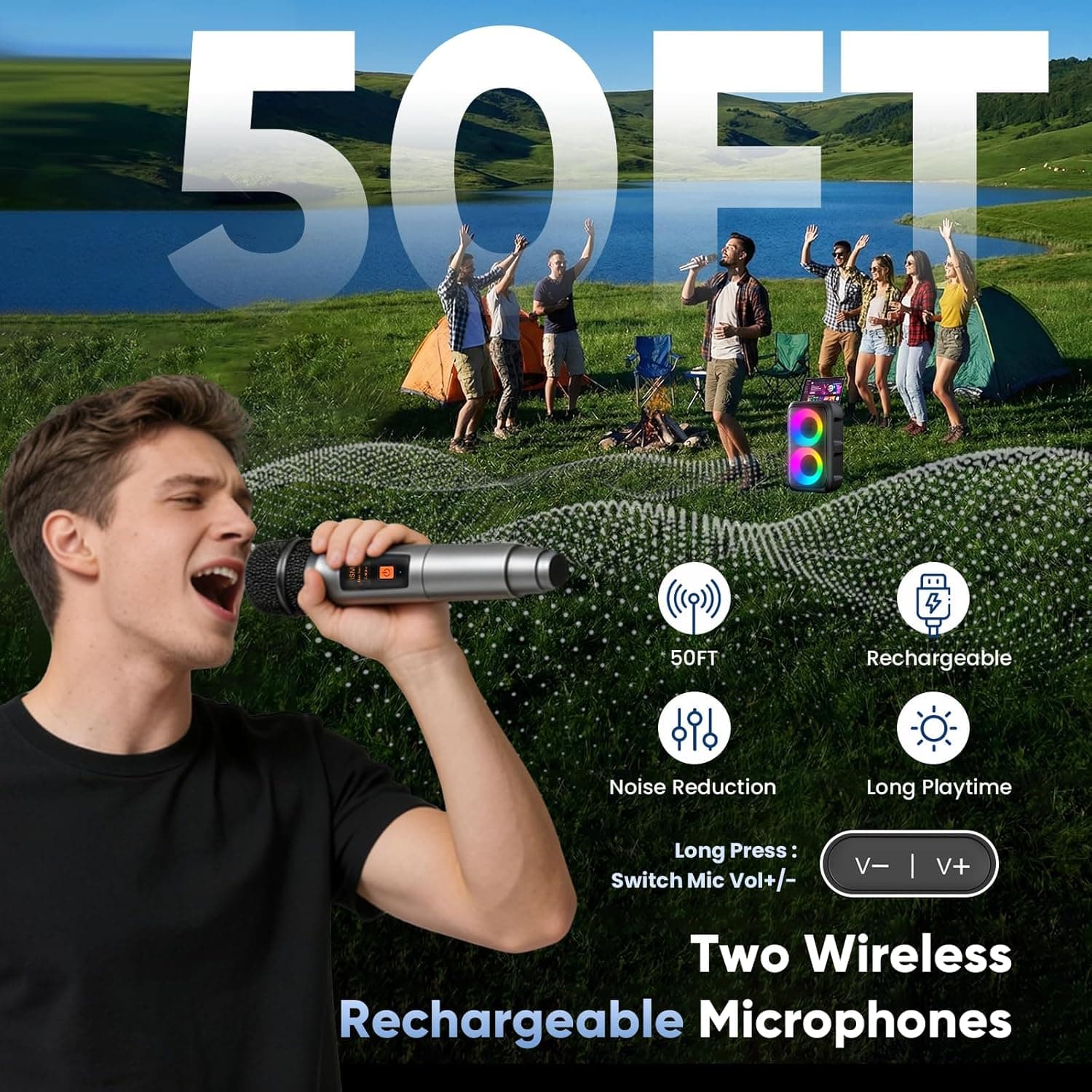 Karaoke Machine for Adults Kids, Portable Bluetooth Speaker with 2 Wireless Microphones, TWS Mode & LED Light, 10H Battery PA System Stage Monitors,Perfect for Home Party Outdoor Birthday Gifts(Black) - Image 3