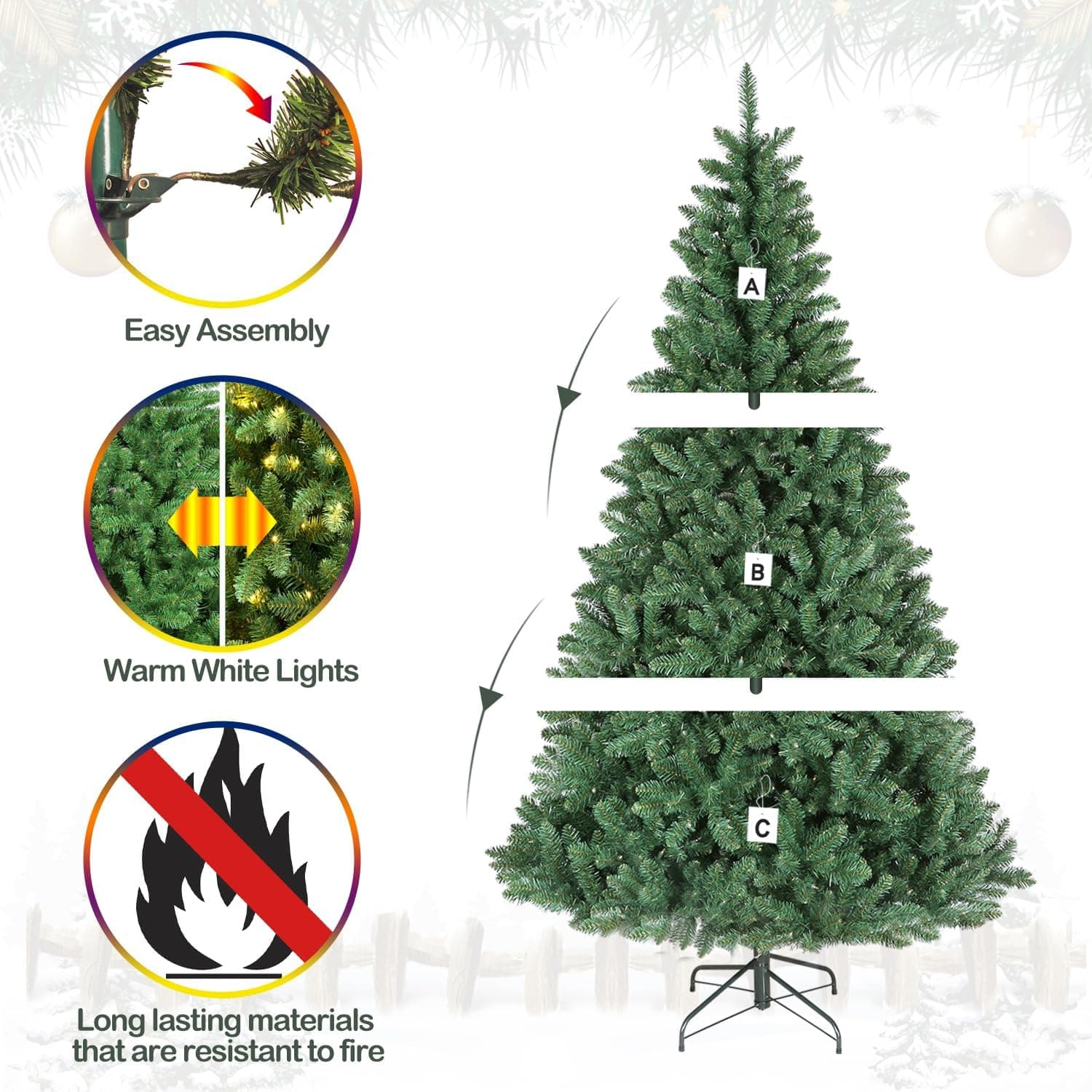 Hykolity 7.5 ft Prelit Christmas Tree, Artificial Christmas Tree with 450 Warm White Lights, 1450 Branch Tips, Metal Stand and Hinged Branches Green Warm White 7.5 ft - Image 9