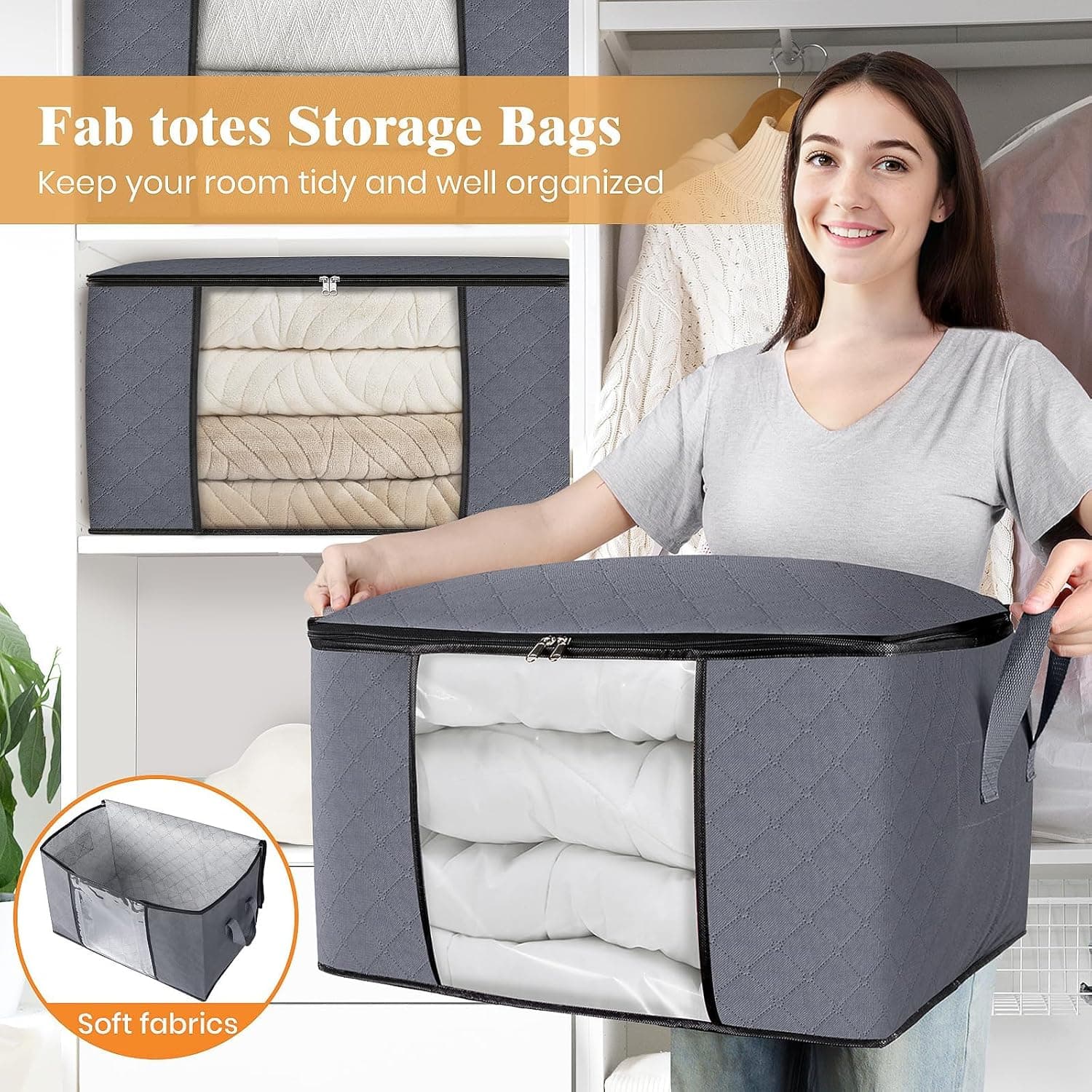 Fab totes Storage Bags, Clothes Blanket Storage Bins Foldable Closet Organizers with Reinforced Handle for Home Dorm Storage and Organization, Fabric Bags for Organizing Bed Sheets, Clothing, Comforters 6 Pack-Standard Grey - Image 6