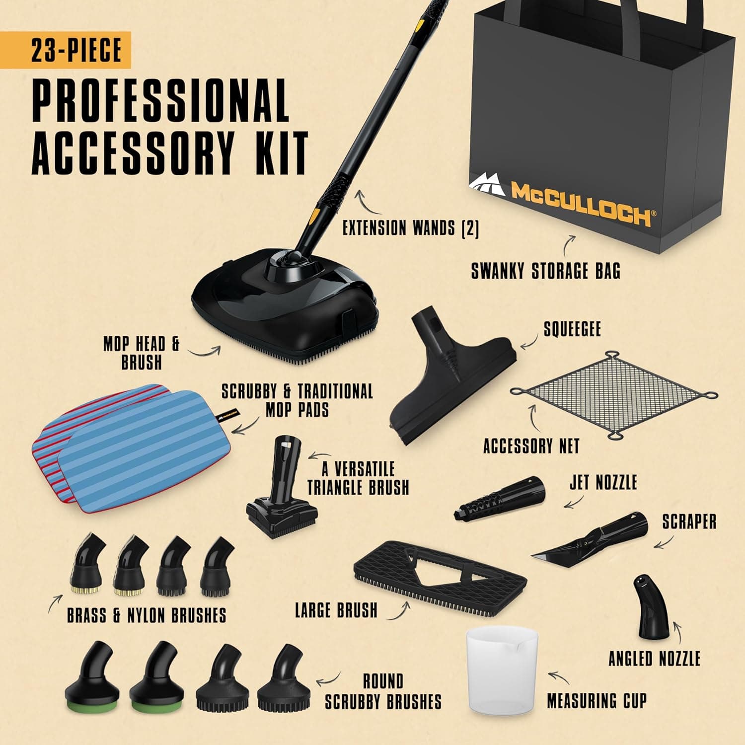 McCulloch MC1385 Deluxe Canister Steam Cleaner, 2-Hour Runtime, Chemical-Free, 23 Accessories: Mop Head, Brushes & More - Built for Home, Tile, Carpet, Furniture, & Personal Car Detailing - Image 4