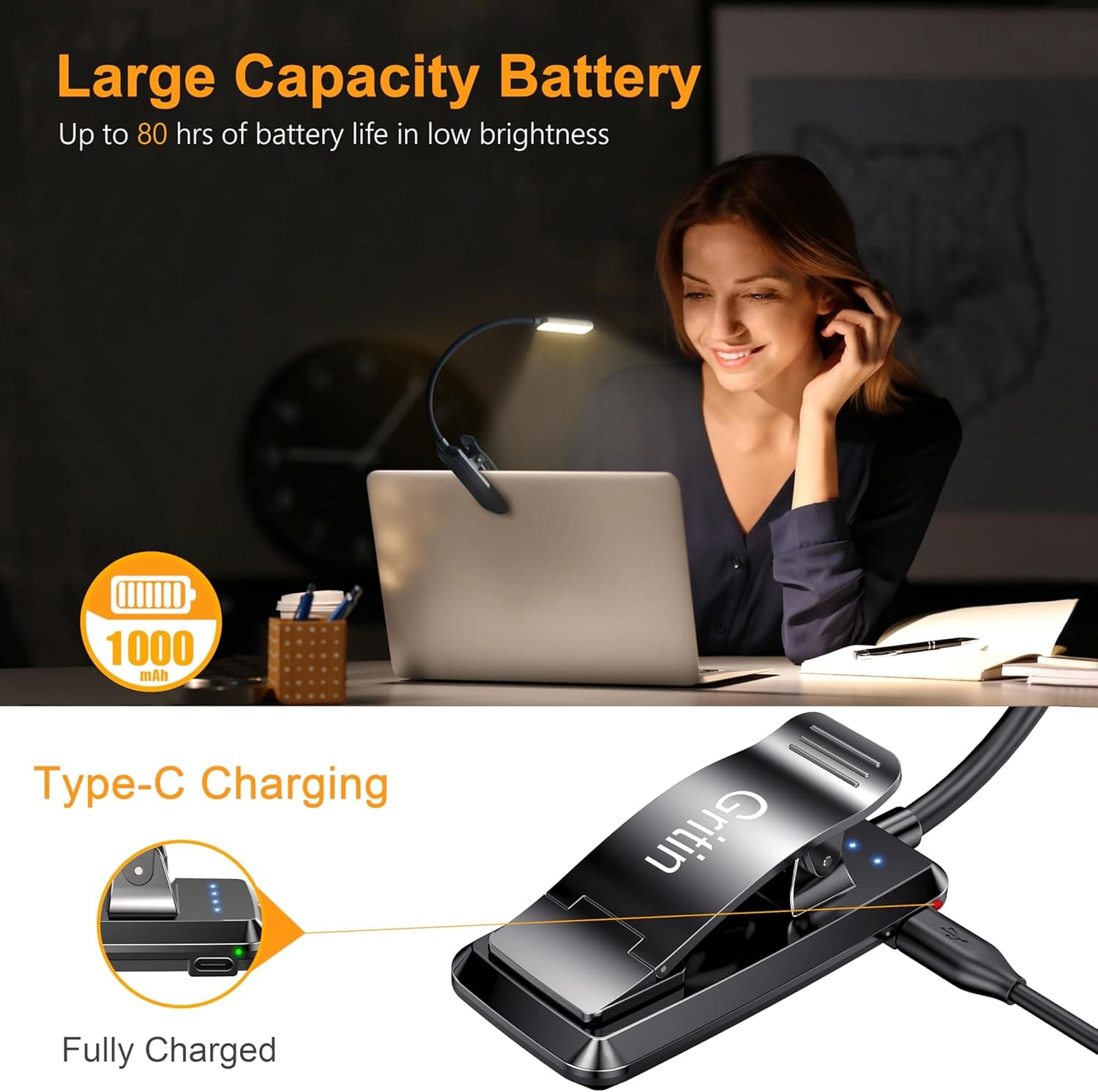 Gritin 9 LED Rechargeable Book Light for Reading in Bed - Eye Caring 3 Color Temperatures,Stepless Dimming Brightness,80 Hrs Runtime Small Lightweight Clip On Book Reading Light for Studying ‎Black - Image 5