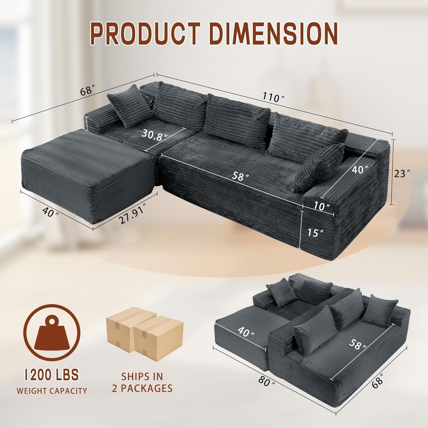 Sofá Modular en Forma de L de 110" con Chaise, Sofá Acogedor de Corduroy Sin Hueso y Esponjoso con Asiento Profundo y Bolsillos Laterales, Combinación de Módulos Flexible para Sala de Estar, Sin Montaje, Bolsillos Laterales en Gris Carbón - Image 3