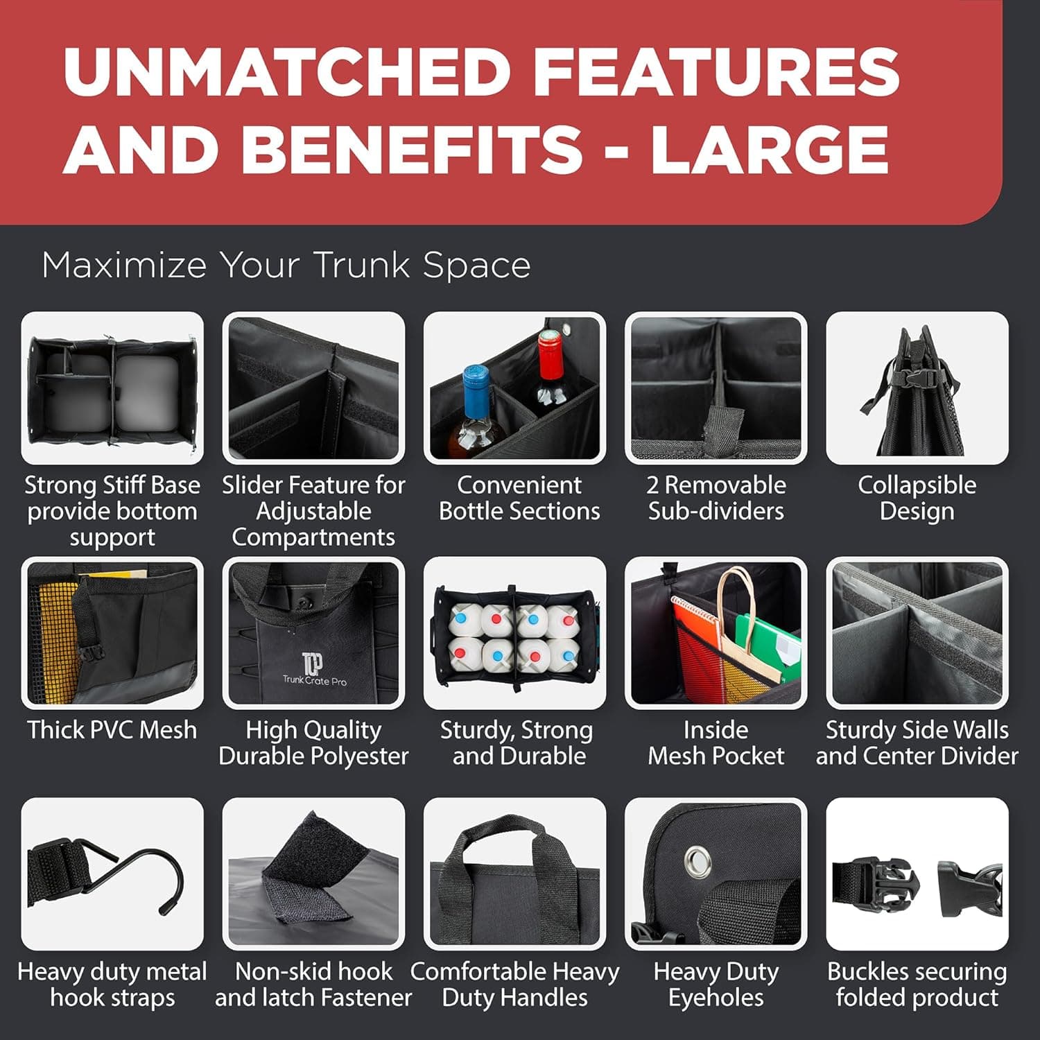TRUNKCRATEPRO Organizador de Maletero para Auto, SUV, Camión | Organizador de Maletero de Auto Premium Ajustable con Múltiples Compartimentos, P straps de Sujeción y Fondo Antideslizante (Tamaño Grande, Negro) Grande Negro - Image 4