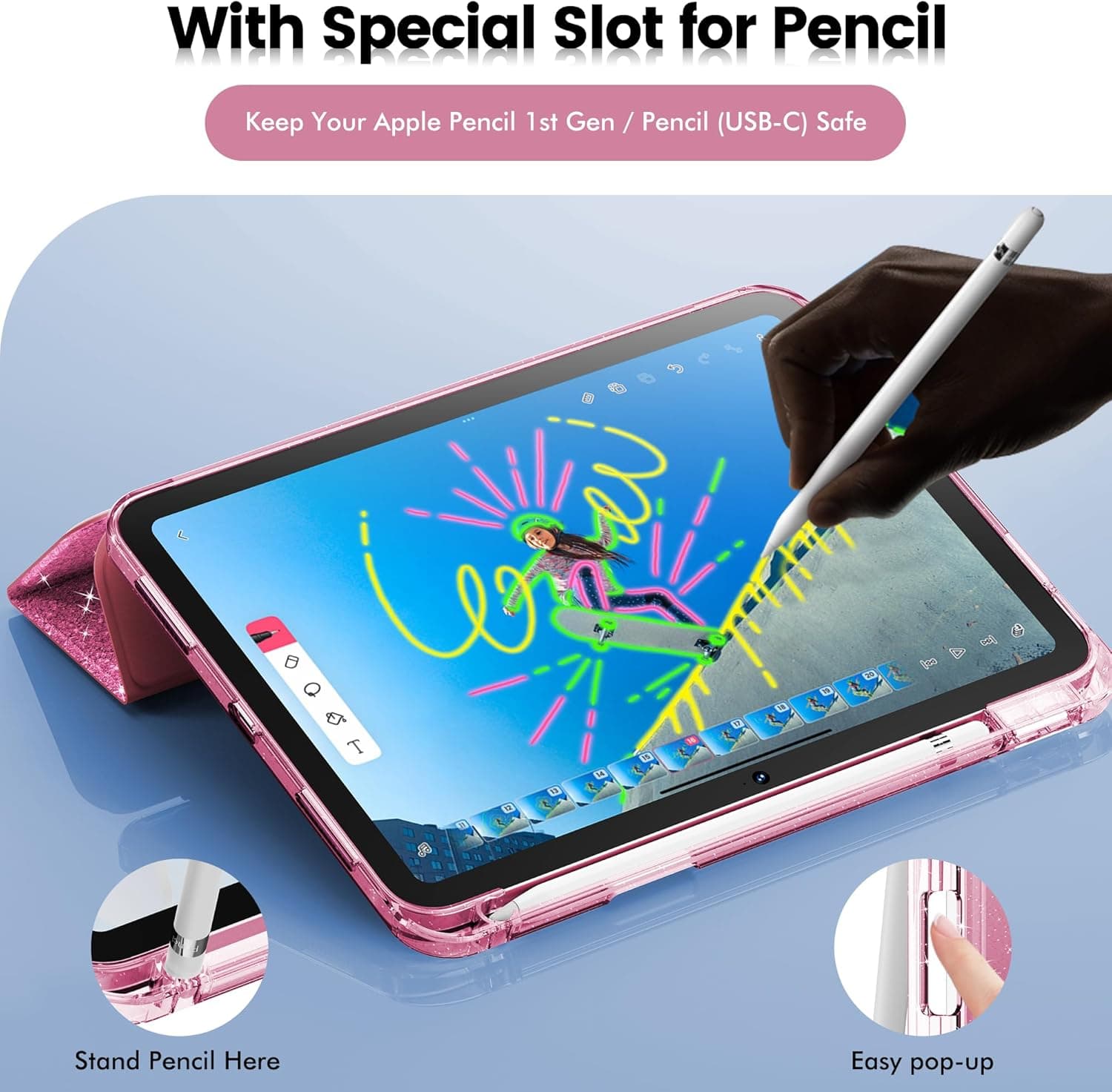 INFILAND Compatible sa iPad A16 11th Generation 11 Inch 2025 Case, iPad Case 10th Generation 10.9 Inch, Glitter Cover na may Sparkly Clear Back, Pencil Holder, para sa Mga Bata na Babae (Rose Pink) - Image 7