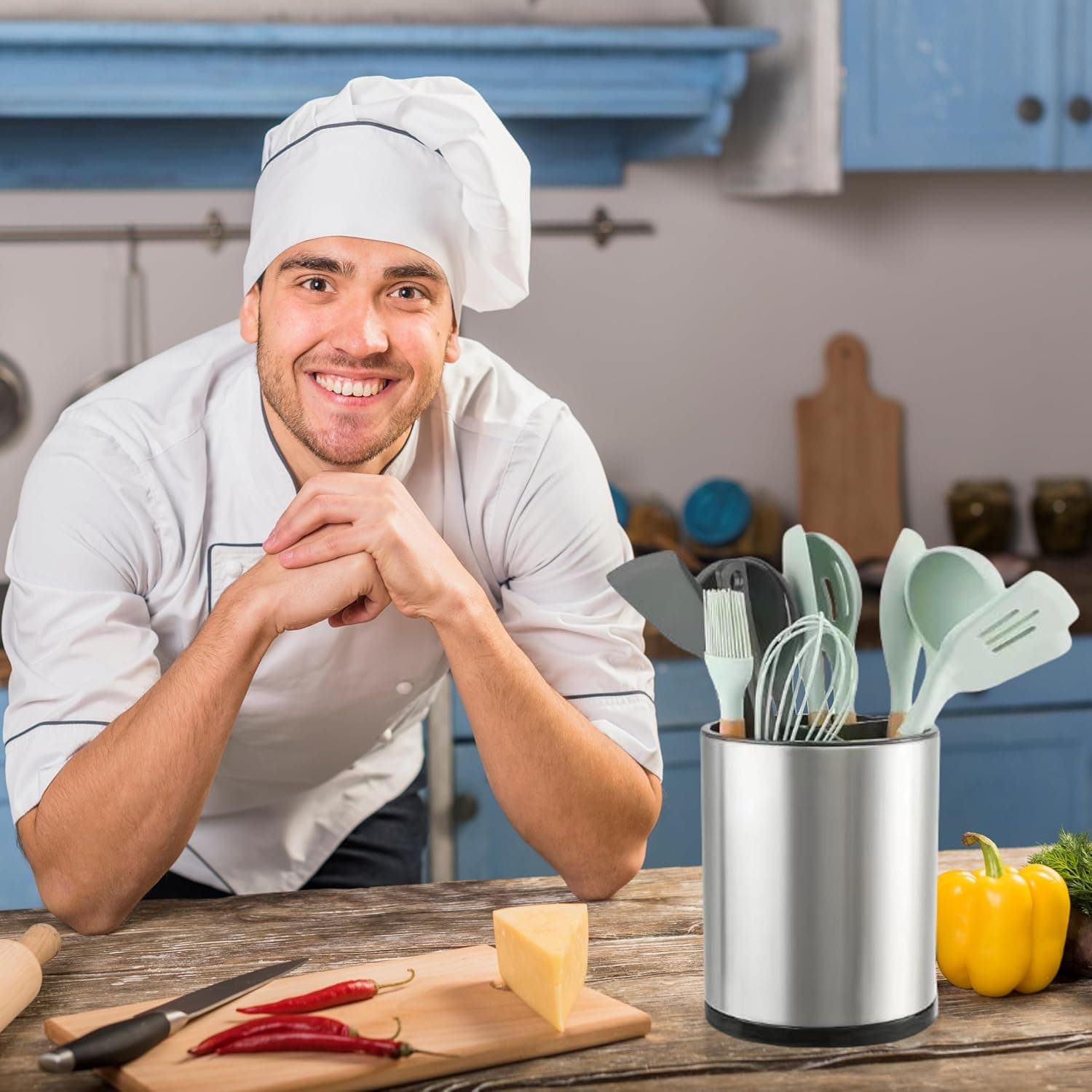 Kitchen Utensil Holder Extra Large 360°Rotating For Counter Organizer Stainless Steel Storage Cooking Silverware Caddy 3 Compartment Flatware Spoon Spatula Tool Cutlery Container（Silvery） Large silvery - Image 3