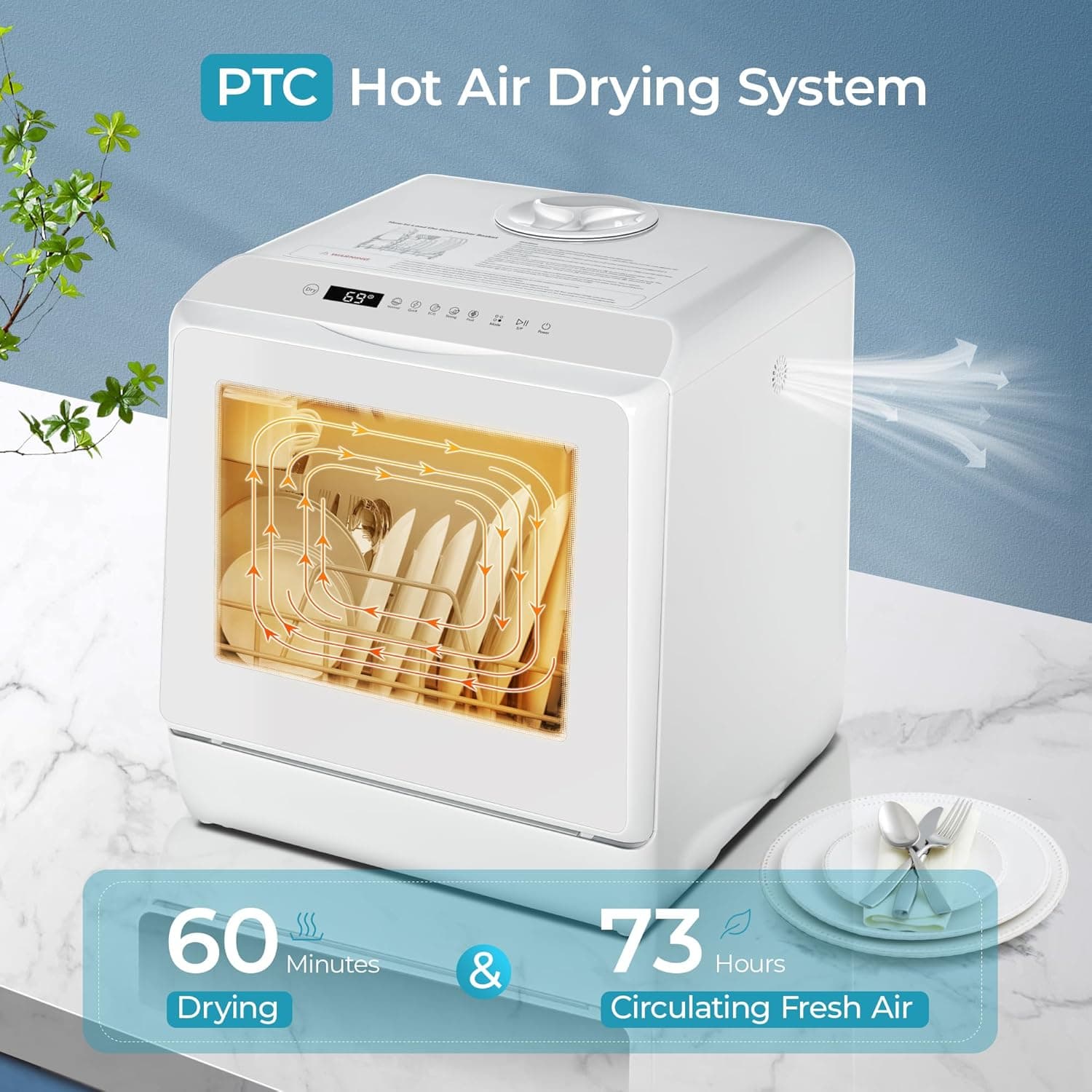 EUHOMY Countertop Dishwasher Portable with 6 Programs, 5L Built-in Water Tank for Apartments, 167℉ High-Temp, No Hookup Needed, Mini Dishwasher with Baby Care, Air Dry/Quick/ECO/Fruit/Normal, White 6 Programs - White - Image 7