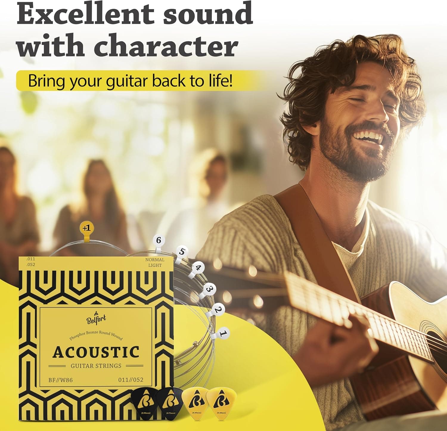BELFORT® quality acoustic guitar strings - 6 string set - Premium coating with Phosphor Bronze (guitar strings acoustic 6 string set) BONUS: 4 Picks + 1 High E String - cuerdas para guitarra acustica 1 set – 6 strings + extra 1st E (.011/.052) Phosphor Bronze - Image 2