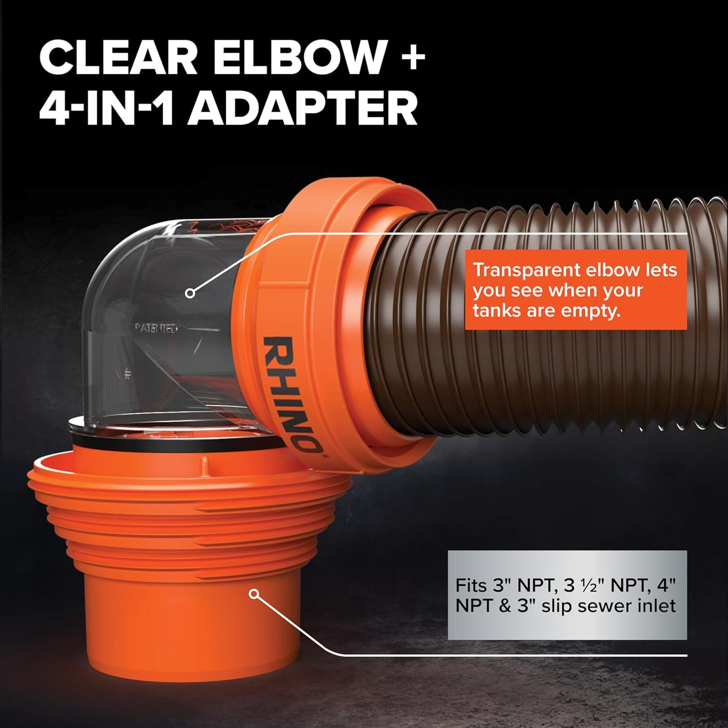 Camco RhinoFLEX 15-Ft RV Sewer Hose Kit - Features Clear Elbow Fitting w/Removable 4-in-1 Adapter - Connects to 3” Slip or 3”/3.5”/4” NPT Threaded Sewer Connection (39770) 15' Rhino Sewer Hose - Image 6