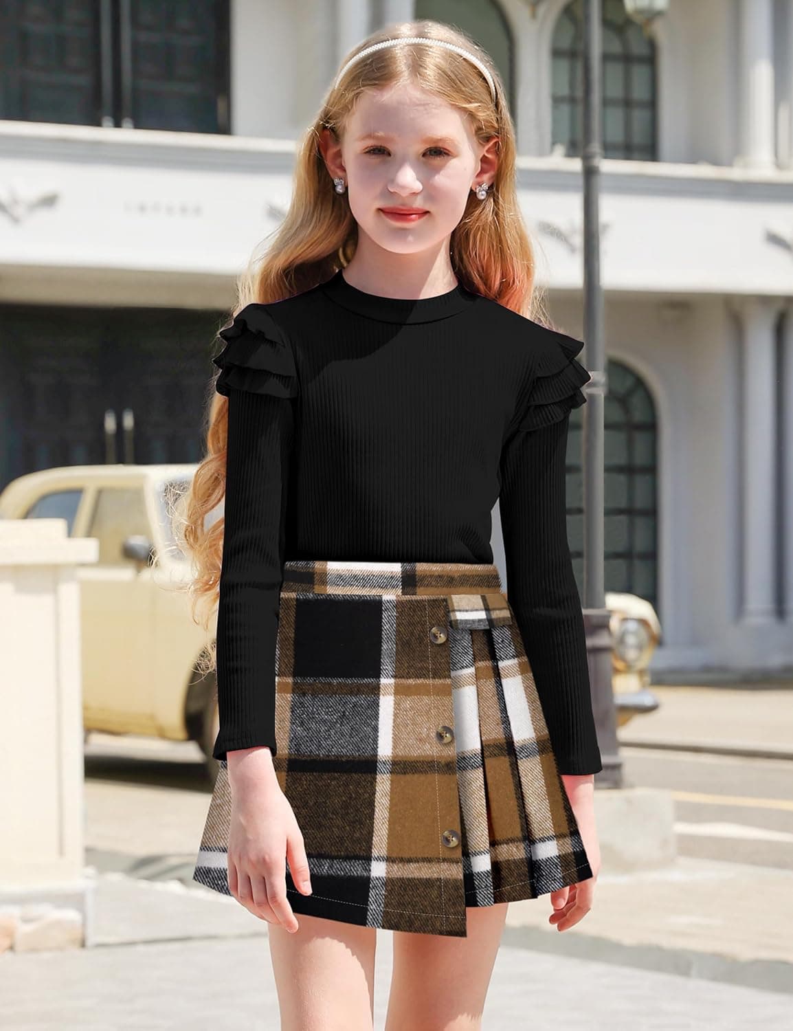 MIGU Girls Clothes Skirt Set Fall Winter Ruffle long Sleeve Tops+Plaid Skirt Shorts+Hat Girls Clothing Sets 3Pcs Outfits Black+brown 9-10 Years - Image 4