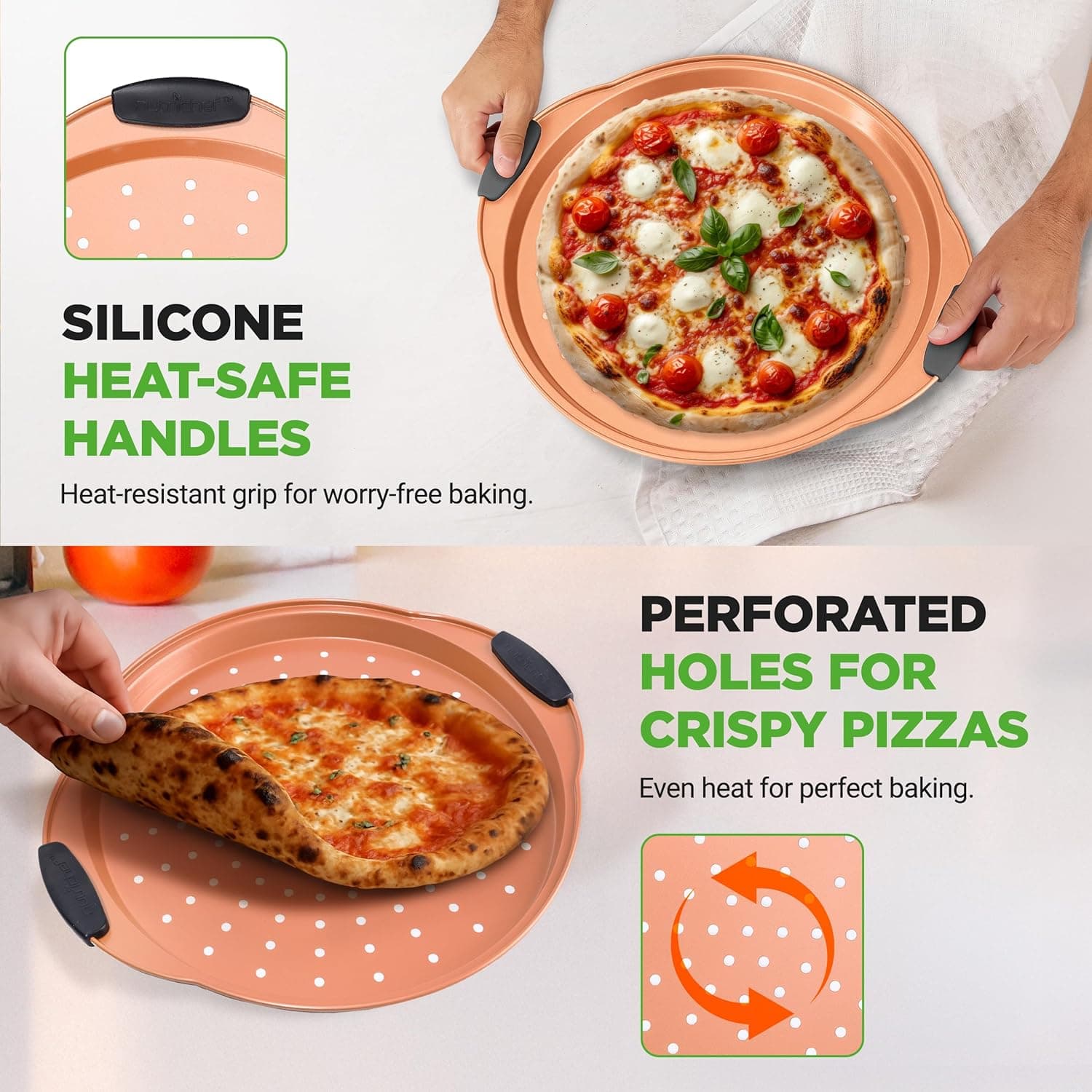 NutriChef 13-Inch Nonstick Pizza Tray - Round Carbon Steel Non-Stick Pizza Baking Pan with Perforated Holes, Premium Bakeware Pizza Screen with Silicone Grip Handles, Dishwasher Safe - Copper Copper 1 Pack - Image 8