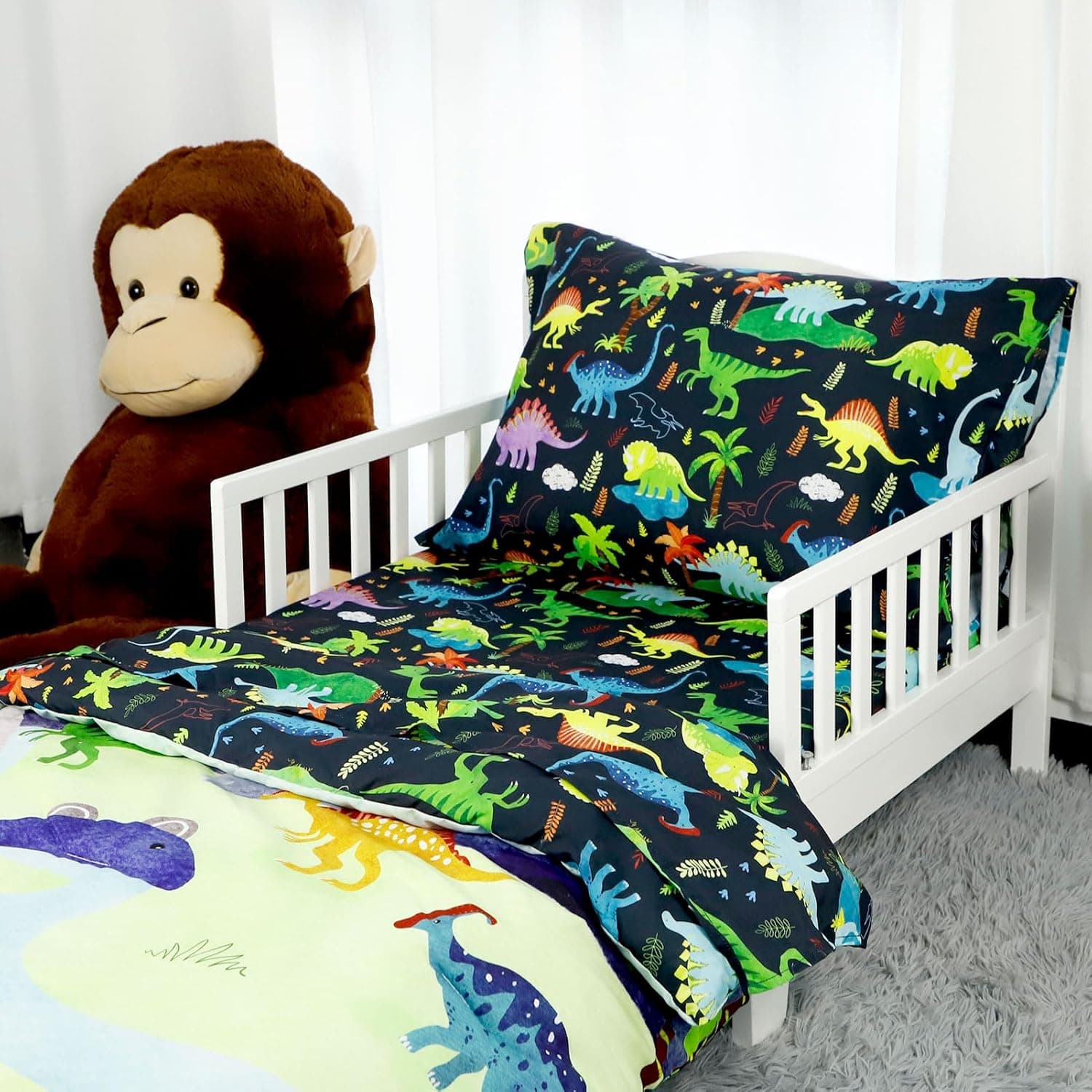 4 Piece Toddler Bedding Set, Ultra Soft and Breathable Cartoon Dinosaur Toddler Comforter Sets for Boys Includes Quilted Comforter, Fitted Sheet, Flat Sheet and Pillowcase - Image 3