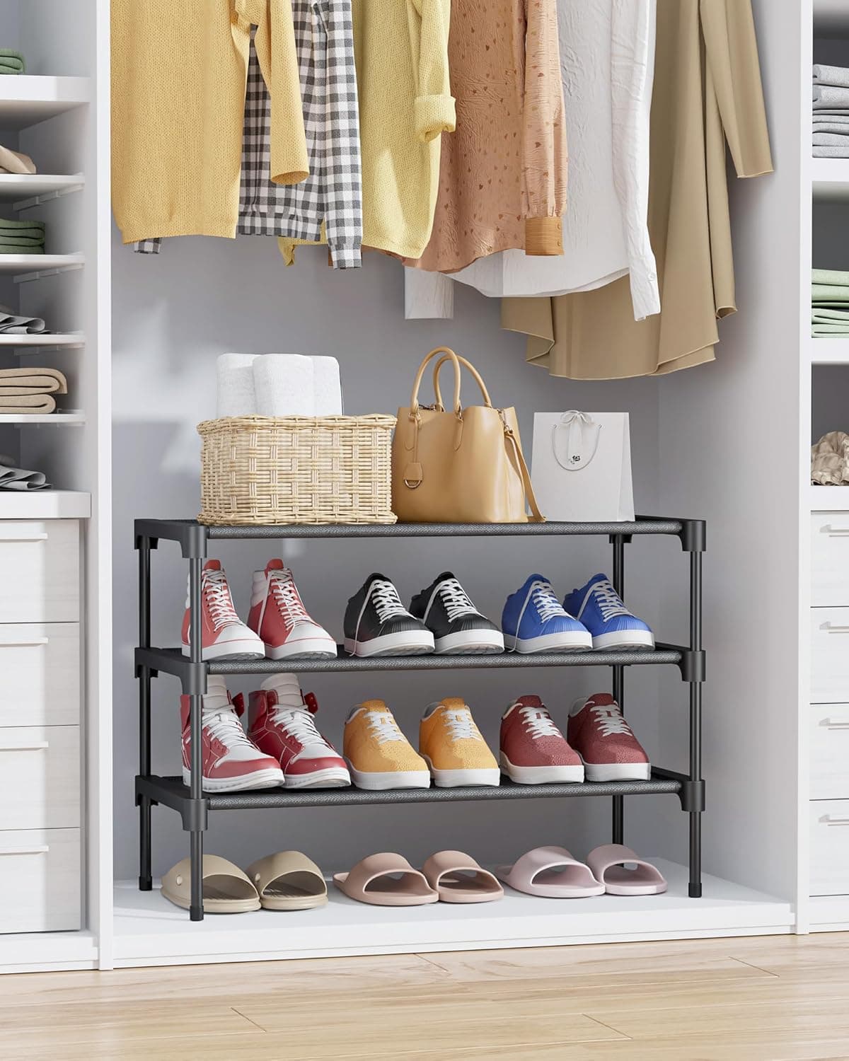 Kitsure Shoe Rack - Non-Woven Shoe Rack Shelf, Shoe Organizer for Closet, Entryway, Garage & Corridor, Stackable Shoe Shelves, 27.5" Wide - 3 Tier, Black Black 27.5" Wide - 3 Tier - Image 5