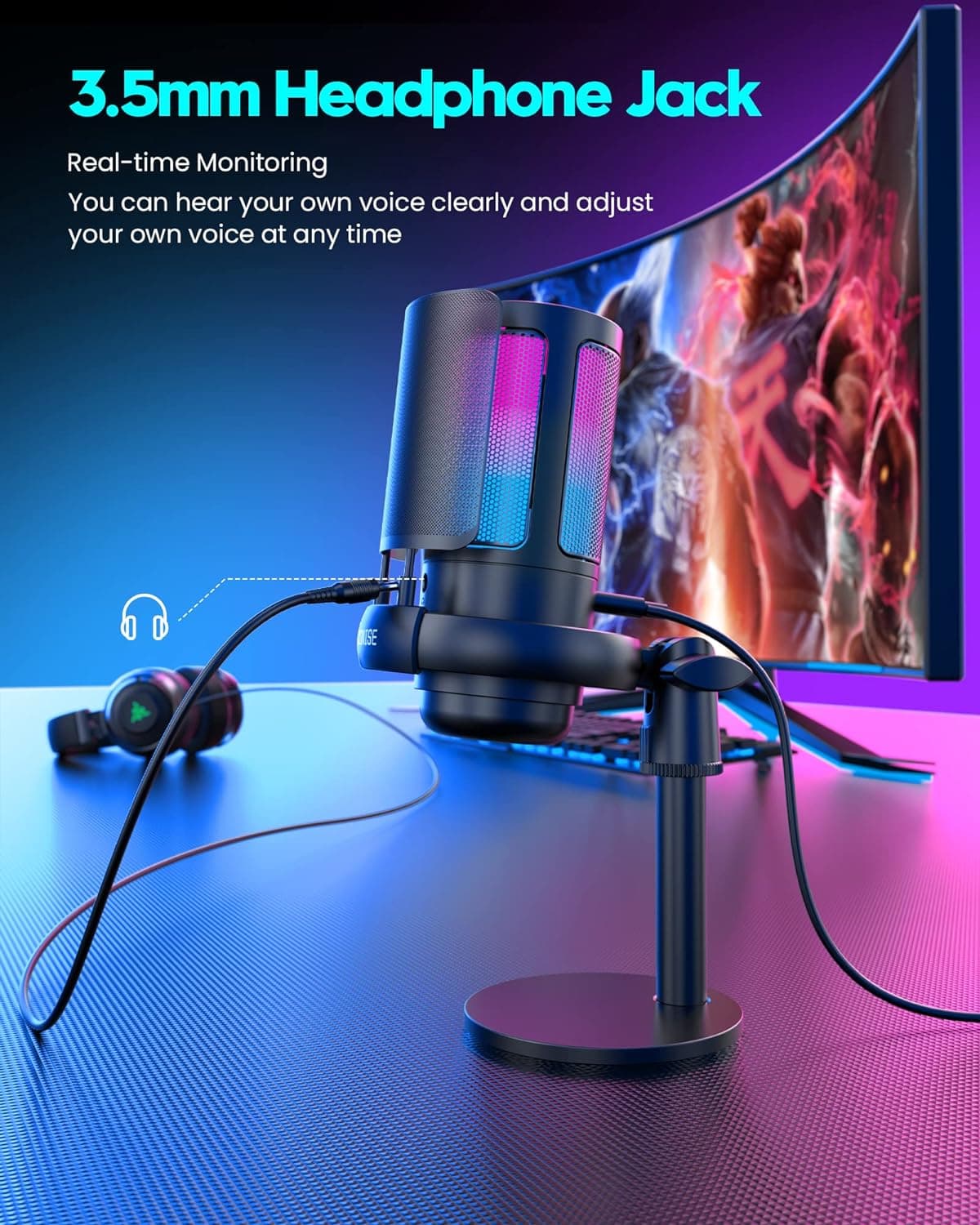 Gaming Microphone for PC: USB Mic for Podcasts Videos & Streaming - Condenser Mic with Quick Mute & Pop Filter - RGB Microphone Gift for Gamer boys - Compatible with PS4/5 & Computer & Laptop With Stand - Image 6