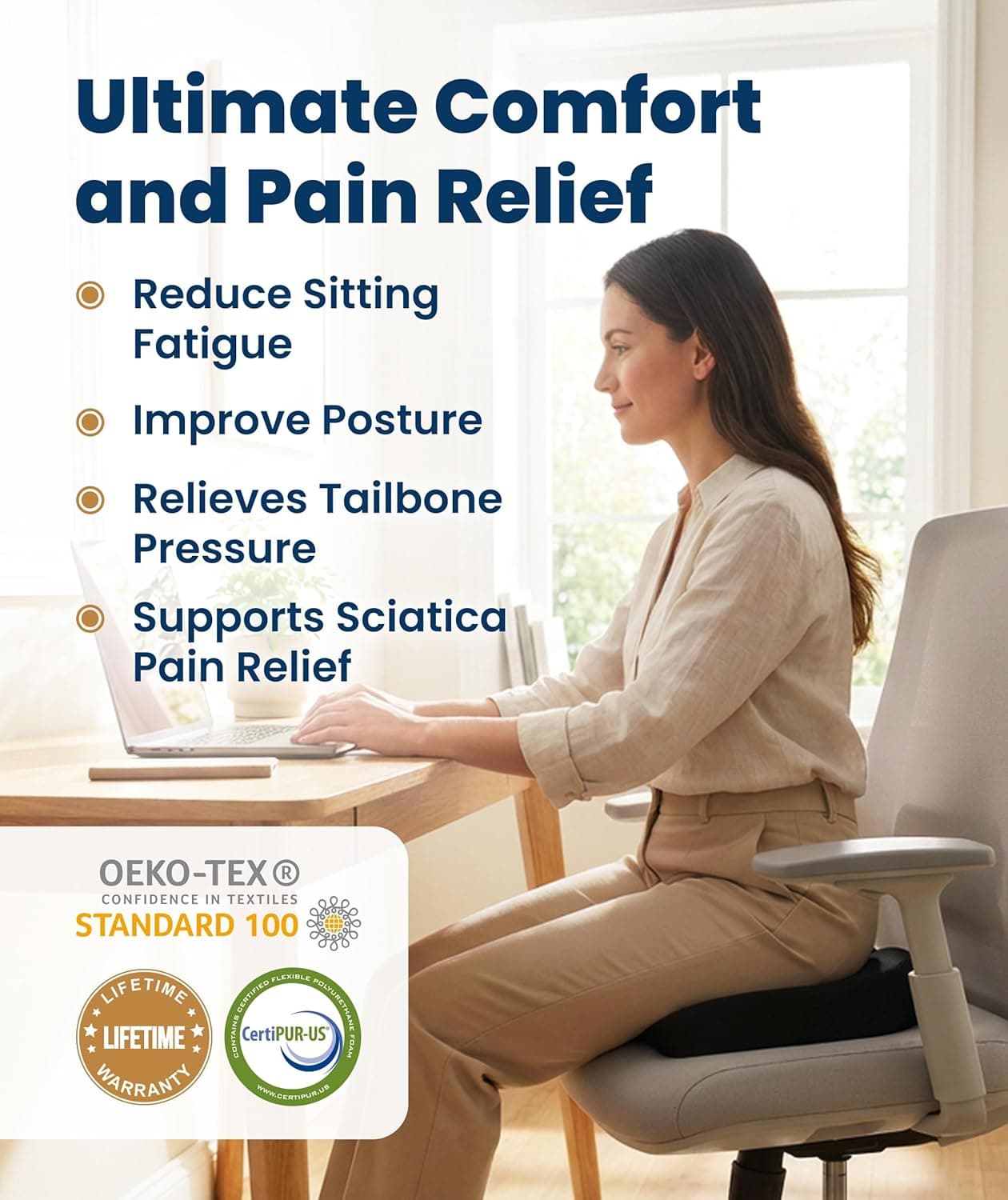 Everlasting Comfort Doctor Recommended Memory Foam Seat Cushion for Office Chairs & Car - Ergonomic Office Desk Accessories - Cushions for Tailbone Pain Relief, Sciatica (Black, Large) 01. Black Large - Image 2