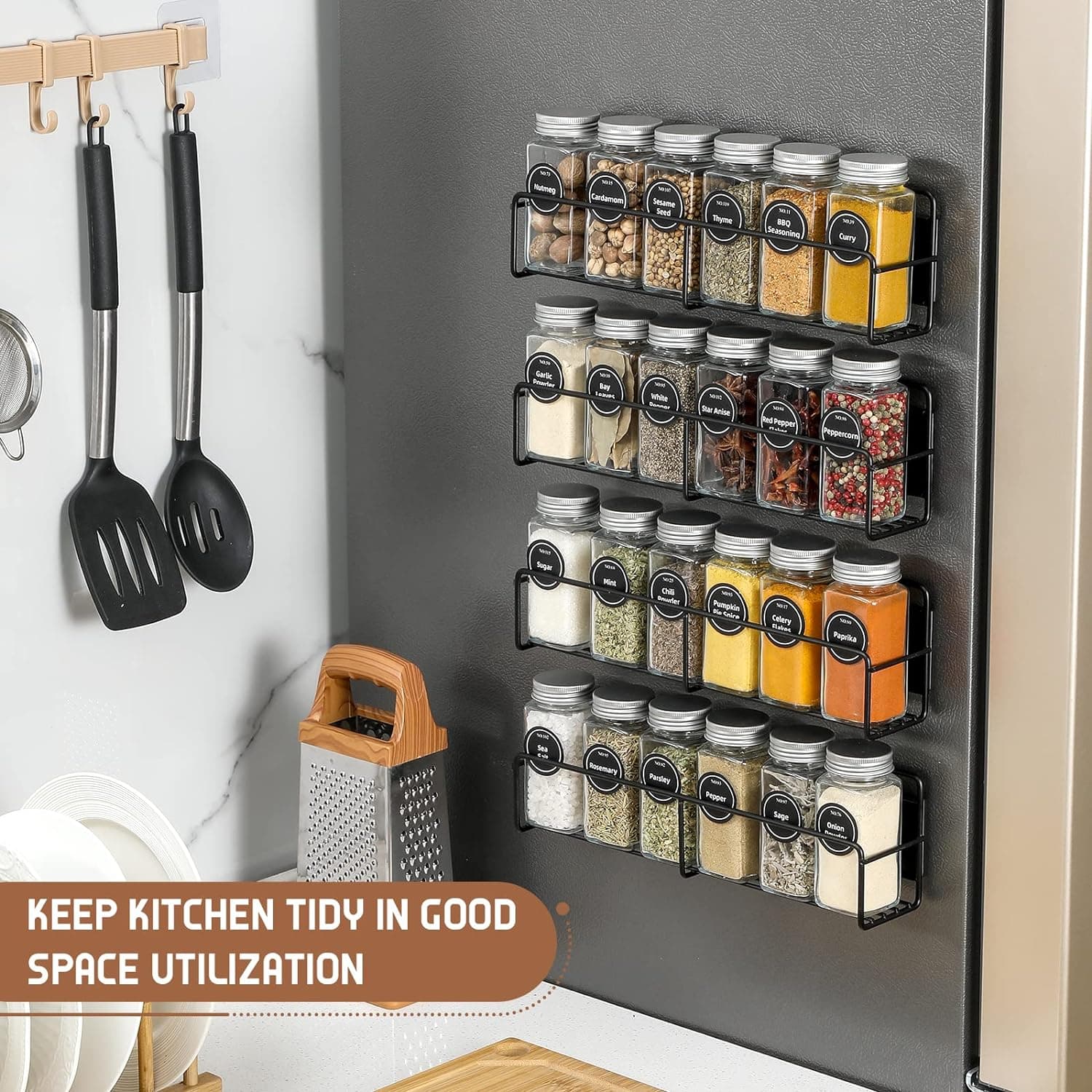 VITEVER Magnetic Spice Rack, 4 Pack, 24 Square Glass Jars with Lids, Quick-Find Pre-Printed Labels, Funnel, Space Saver, Refrigerator and Microwave Oven Organizer - Image 7