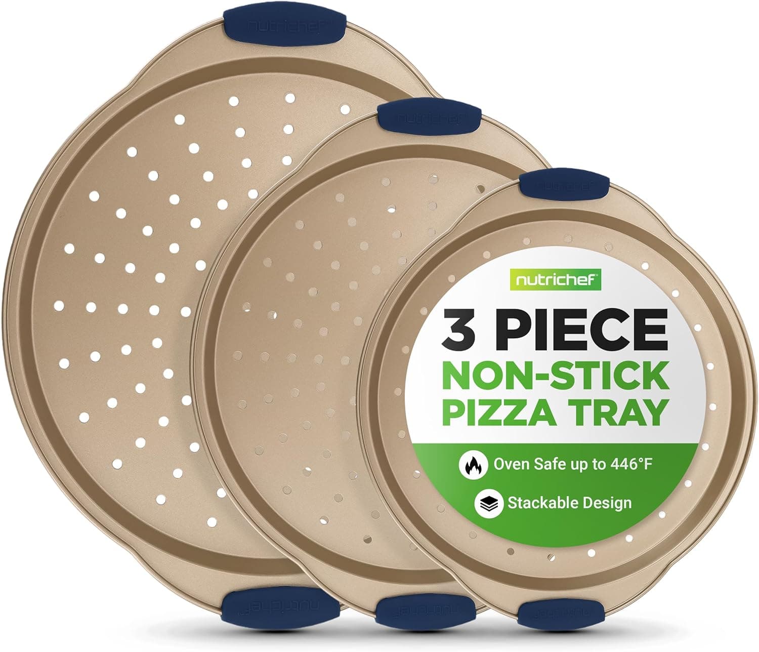 NutriChef 3-Piece Pizza Tray Set with Silicone Handles - Round Nonstick Pizza Pan with Perforated Holes, Durable Carbon Steel, Small, Medium, Large Sizes - Ideal for Crispy, Evenly Baked Pizzas (Gold) - Image 2