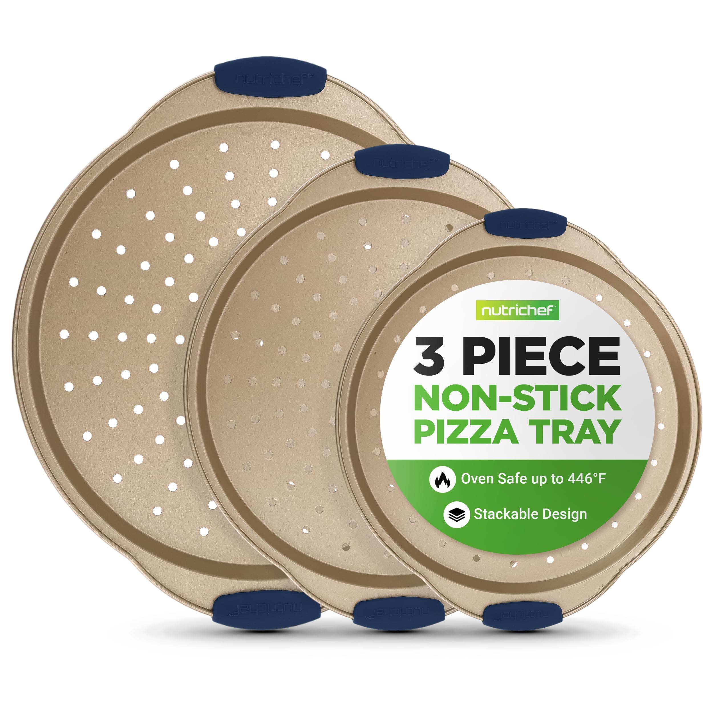 NutriChef 3-Piece Pizza Tray Set with Silicone Handles - Round Nonstick Pizza Pan with Perforated Holes, Durable Carbon Steel, Small, Medium, Large Sizes - Ideal for Crispy, Evenly Baked Pizzas (Gold)