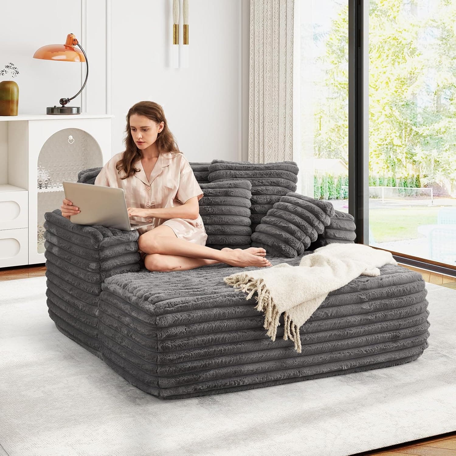 56"W Oversized Chaise Lounge Chair Indoor,Plush Faux Fur Sleeper Sofa Couch Bed with Pillows&Wide Armrest,Fluffy Comfy Cloud Sofa,Compression Foam Boneless Couch for Living Room,Bedroom(Grey) - Image 7