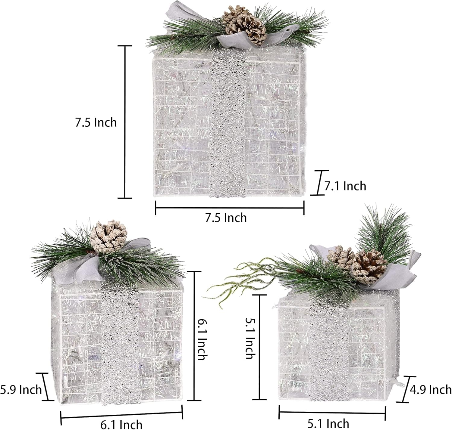 Hourleey Set of 3 Christmas Lighted Gift Boxes, Pre-lit 60 LED Light Up Present Boxes Ornament Outdoor Warm White Tinsel Boxes Decoration for Indoor Christmas Home Yard Lawn Decor - Image 3