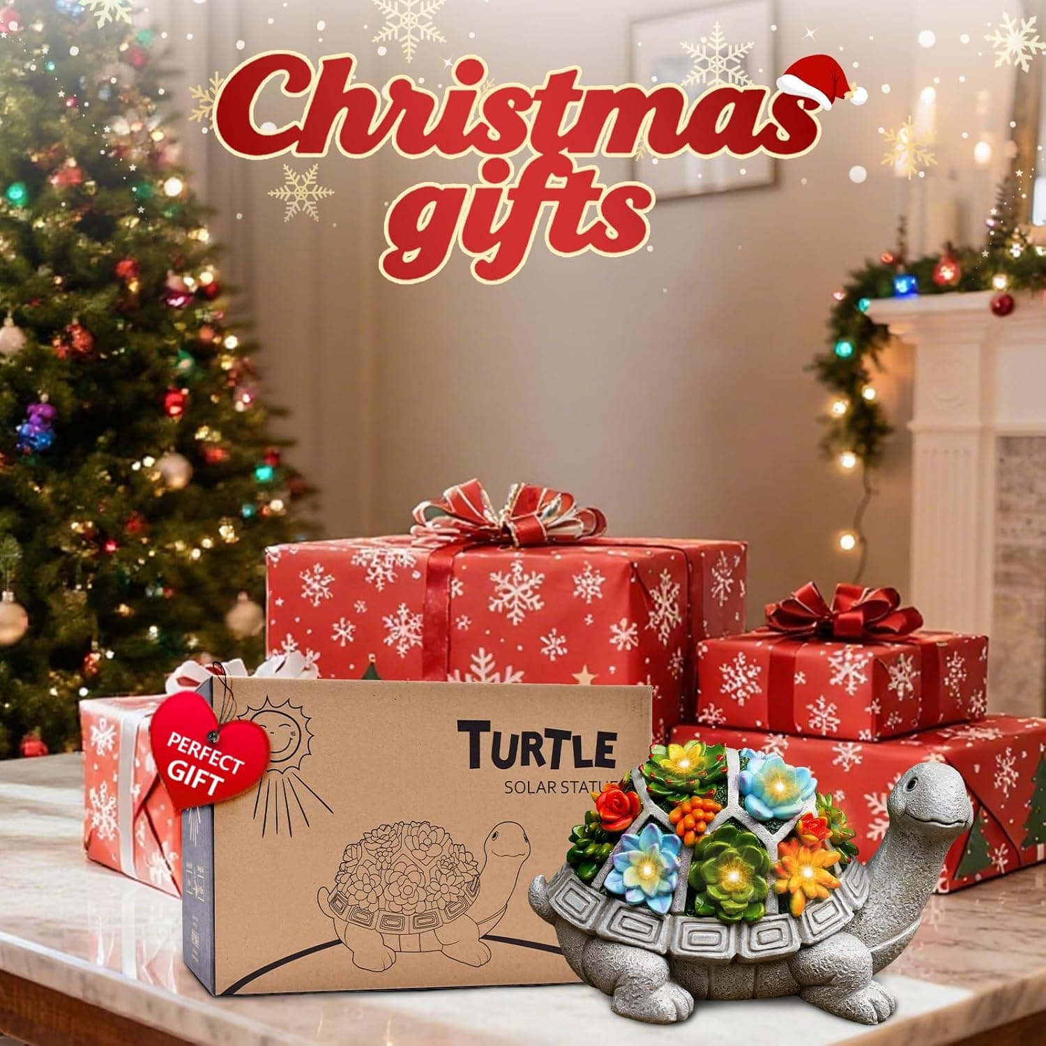 Nacome Solar Garden Outdoor Statues Turtle with Succulent and 7 LED Lights - Lawn Decor Tortoise Statue for Patio, Balcony, Yard Ornament - Chrismtas Gifts for Mom Grandma Grey Turtle - Image 3