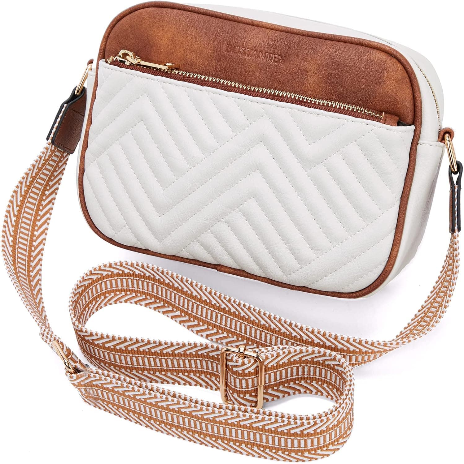 BOSTANTEN Quilted Crossbody Bags for Women Vegan Leather Purses Small Shoulder Handbags with Wide Strap Beige With Brown - Image 9