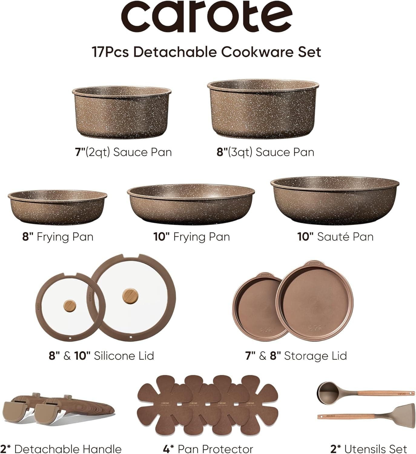 CAROTE 17PCS Pots and Pans Set Non Stick with Detachable Handle, Nonstick Cookware Sets, Cooking Kitchen Set, Oven/Dishwasher Safe, Induction Cookware, Brown, RV Kitchen Pot and Pan - Image 3