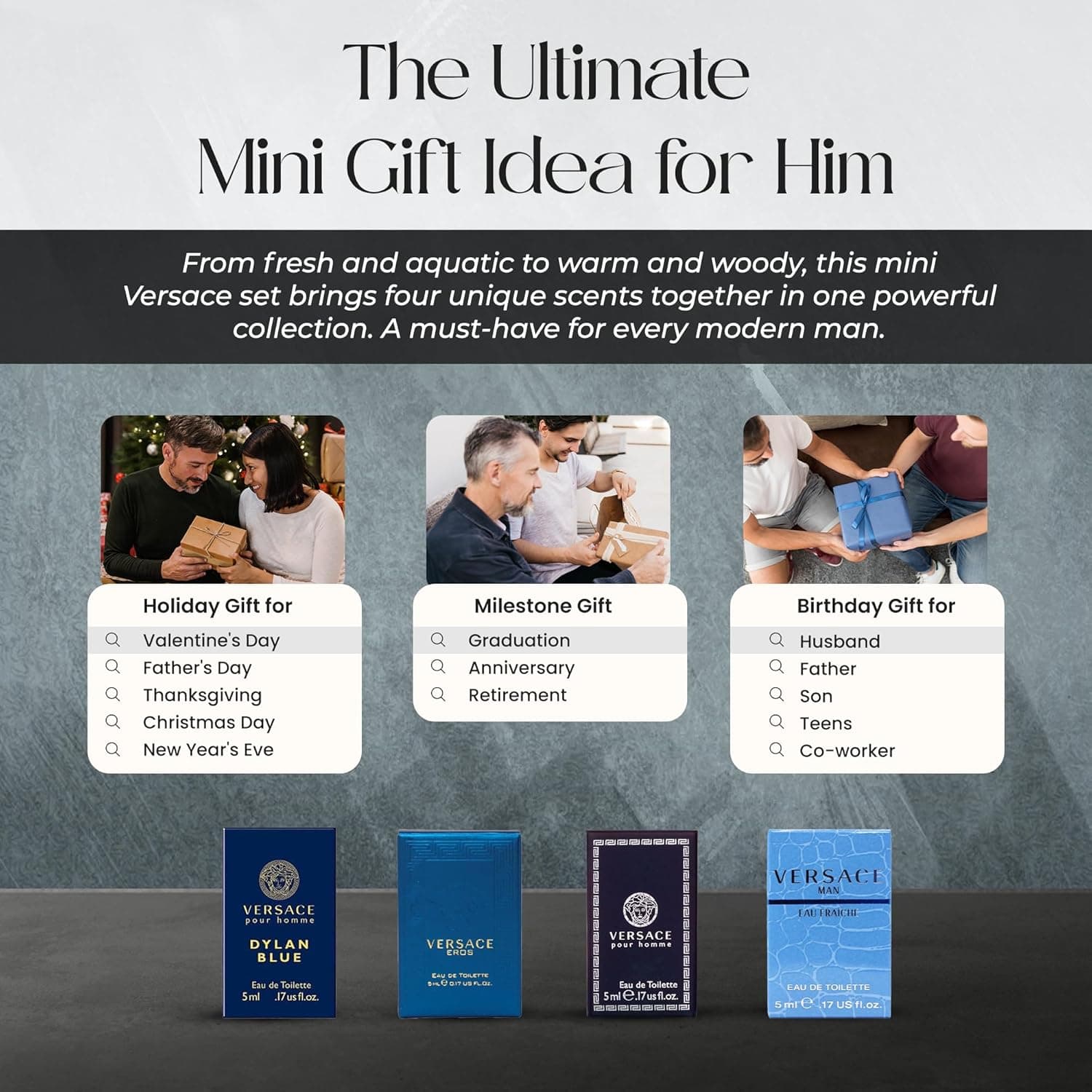 Versace Cologne for Men Set of 4 Mini Eros, Pour Homme, Dylan Blue, Eau Fraiche Perfume for Men Fragrance Sampler Set - Designer Mens Cologne Samples (4 Count, 0.17 oz) Eros, Pour Homme, Dylan Blue, Eau Fraiche 0.17 Fl Oz (Pack of 4) - Image 8