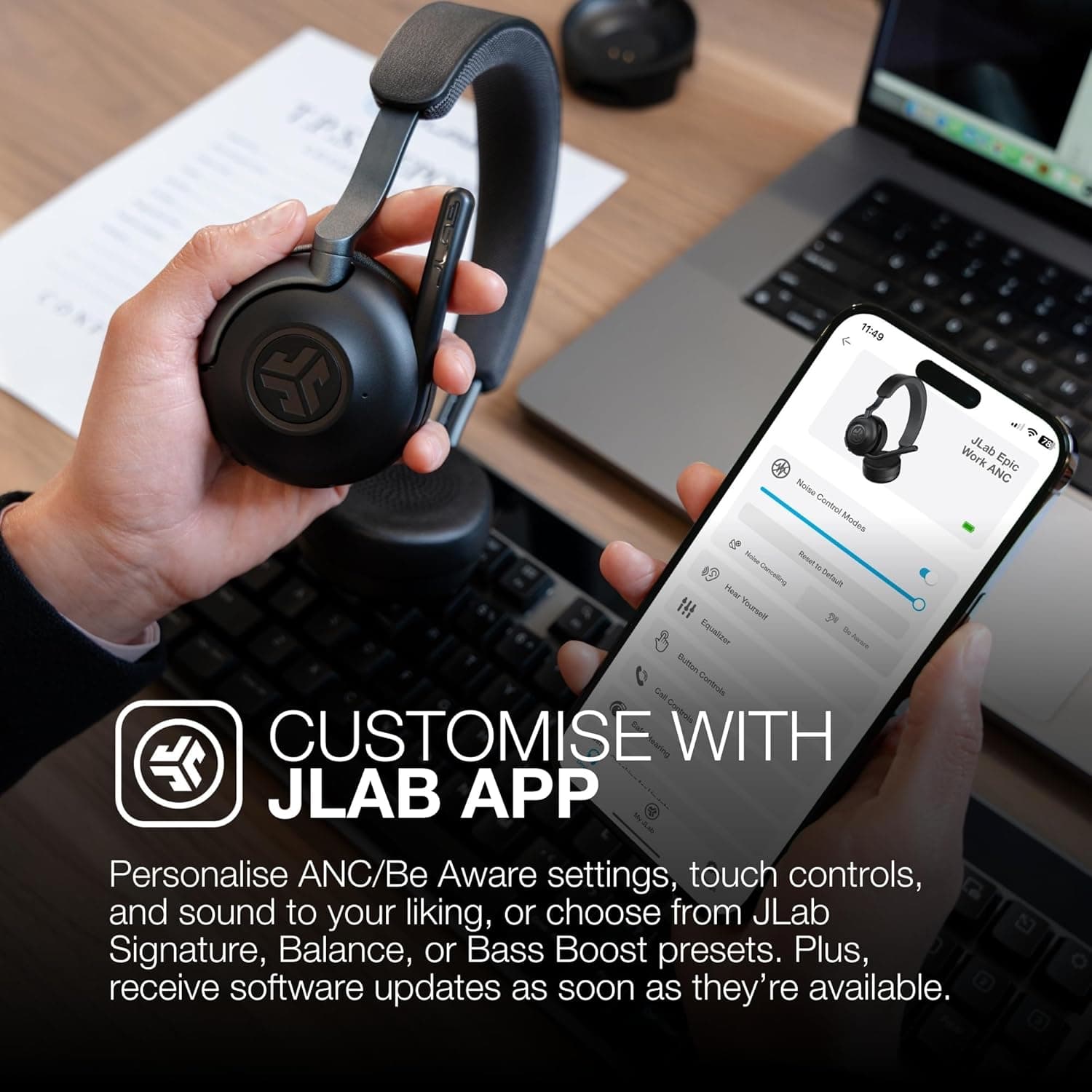 JLab Epic Work Wireless Headset na may Microphone, Smart Active Noise Cancellation, Charging Hub, 90+ Playtime, Quick Mute, Bluetooth Headphones, Multipoint Connect, PC, Laptop, Mobile, (1 Pack) - Image 8