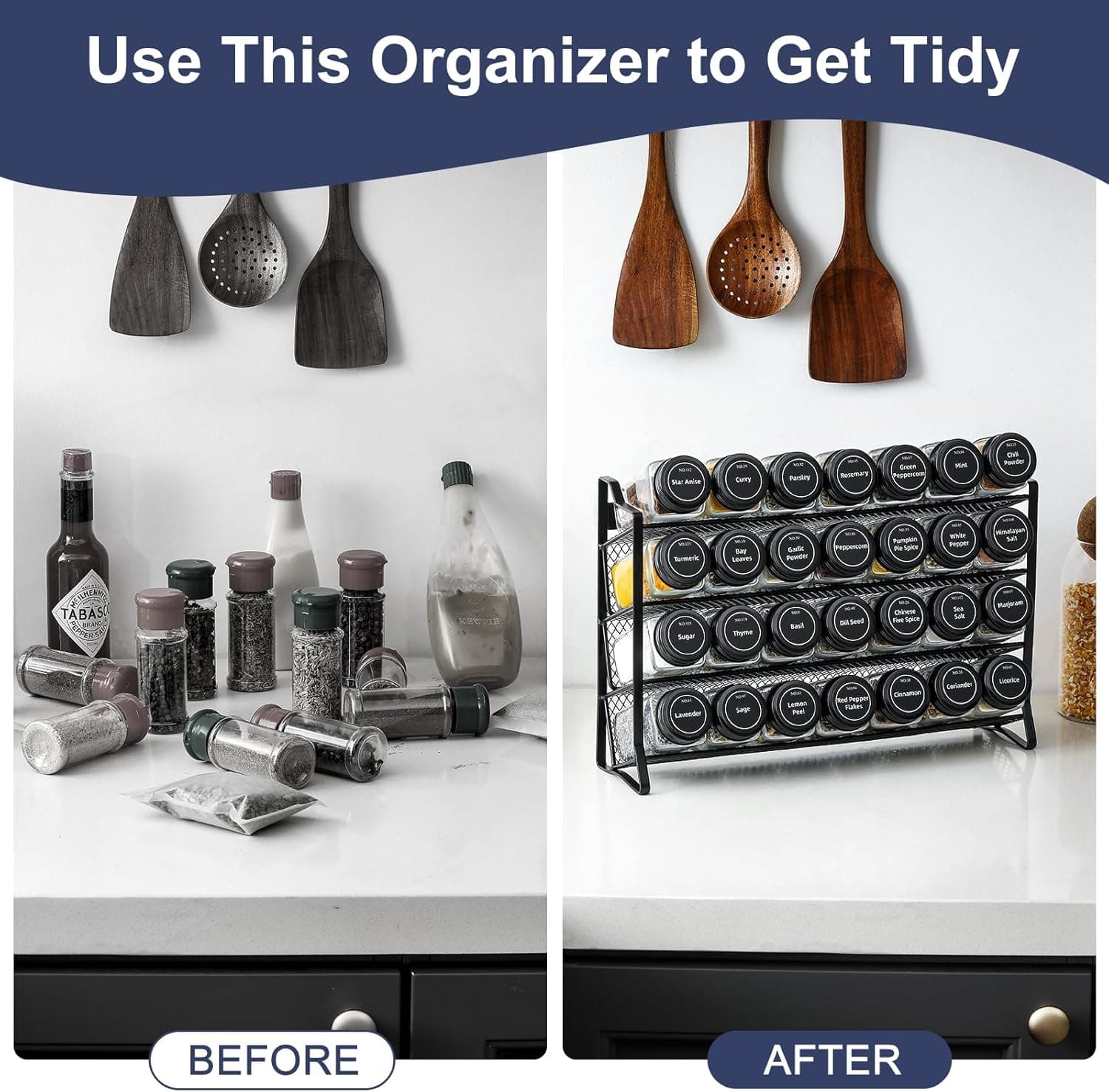 AOZITA Spice Rack Organizer for Cabinet, Spice Organizer with 28 Empty Spice Jars with Black Lids, Funnel, Spice Labels, Seasoning Organizer for Countertop, Cabinet, Kitchen, Pantry, Cupboard - Image 6