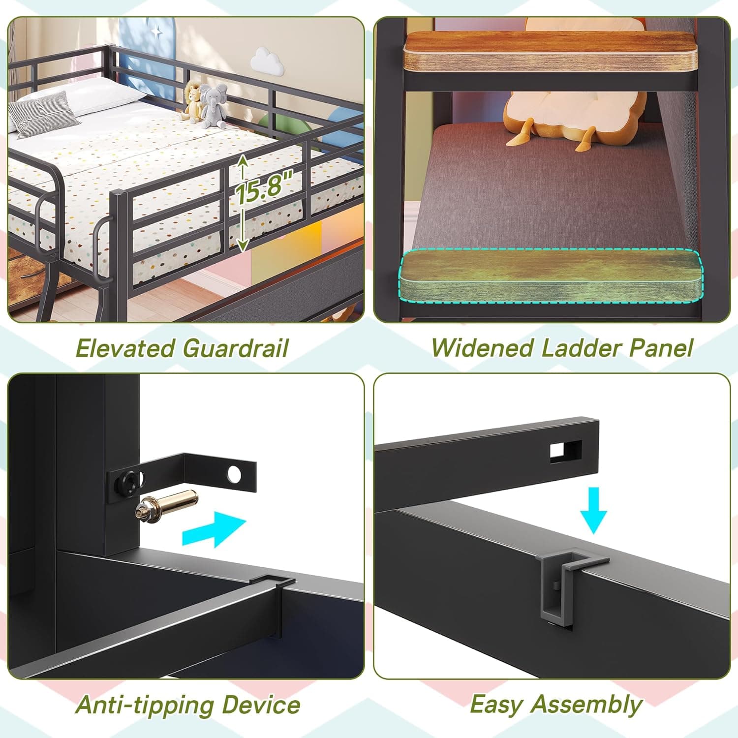 Cama de tamaño completo con escritorio, marco de cama de tamaño completo con 9 cajones de almacenamiento, cama loft para niños con barandilla de seguridad de 15.8" H, sofá, luces LED y estación de carga, sin necesidad de somier, marrón rústico - Image 5