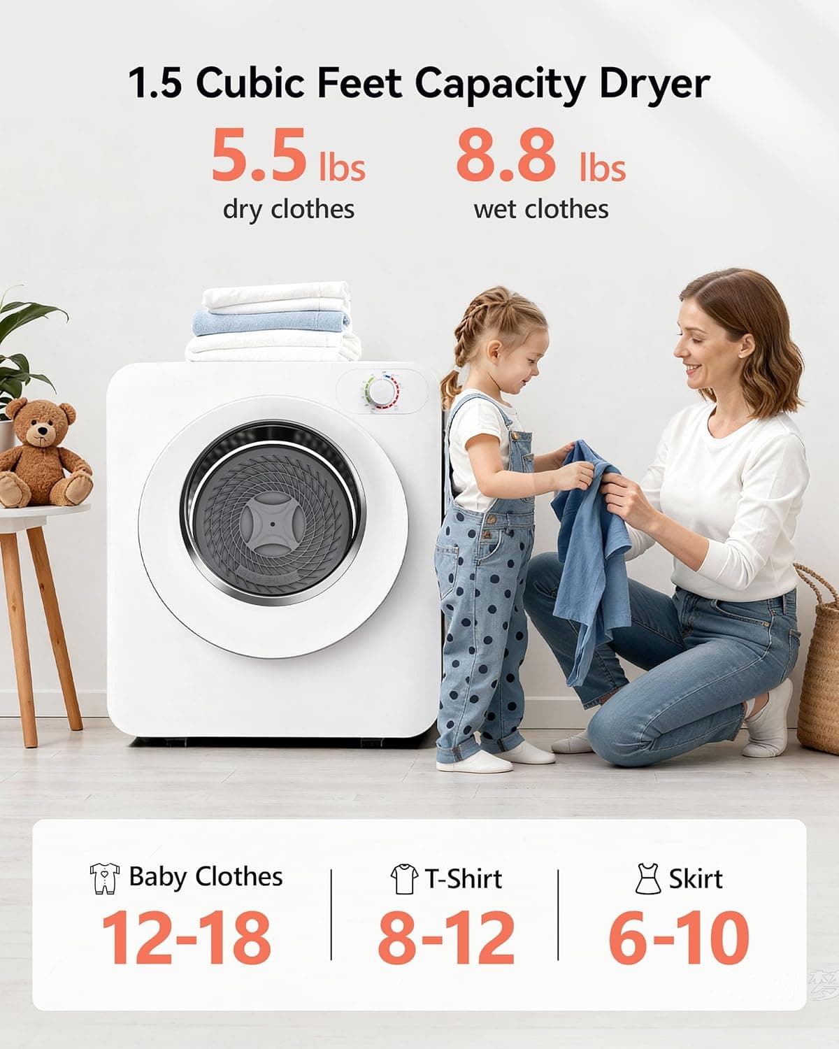 Euhomy Portable Clothes Dryer, 1.5 Cu.Ft. Portable Dryer, 850W Drying Machine with Front-Loading Stainless Steel Drum, 5 Functions, Suitable for Apartments, Dorms, RVs, Small Spaces 1.5 cu. ft. - Image 4