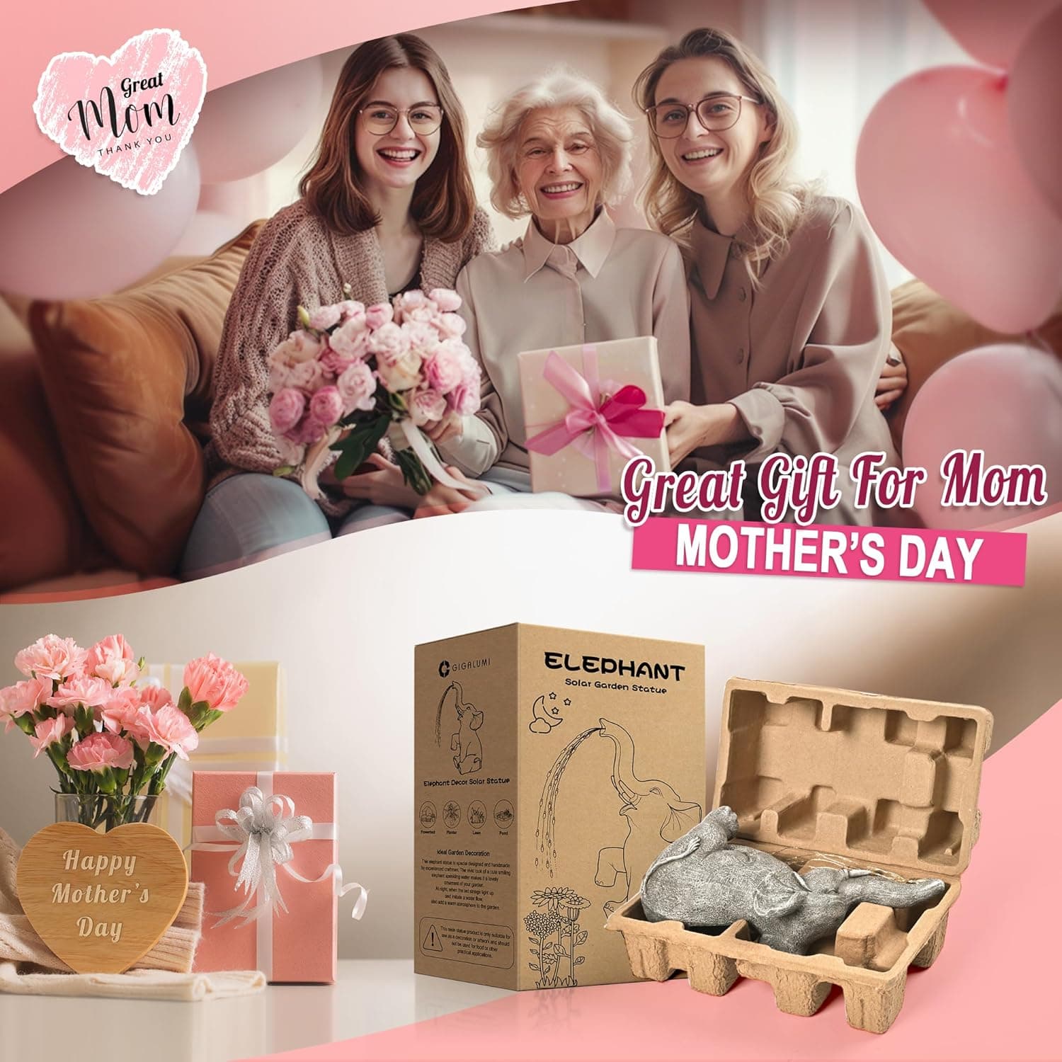 GIGALUMI Solar Garden Decor Watering Elephant Statues Outdoor, Birthday Gifts for Women Mom Grandma Senior Elder, Elephant Ornament for Balcony, Garden, Patio, Yard, Lawn (Constant Lights Only) - Image 9