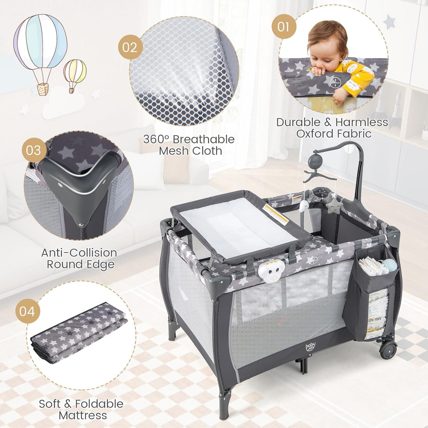 Costzon 3 in 1 Pack and Play with Bassinet, Portable Baby Playard with Changing Table, Music Box, Whirling Toys, Wheels/Brake, Basket, Bag, Foldable Infant Bassinet for Baby Toddlers Indoor Outdoor Gray Little Stars - Image 4