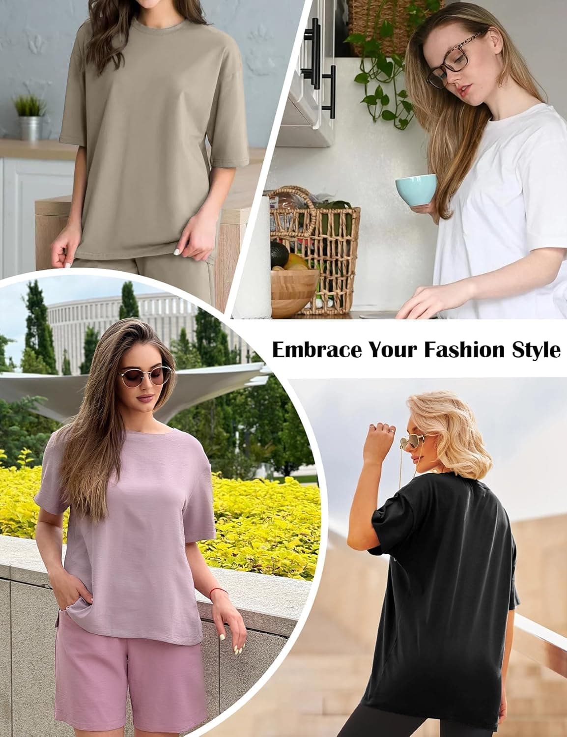 4 Pack Oversized Tshirts for Women, Loose Fit Crew Neck Summer Baggy Tops Workout Tees Plus Size T Shirts 1 Black 1 White 1 Dark Pink 1 Khaki X-Large - Image 7