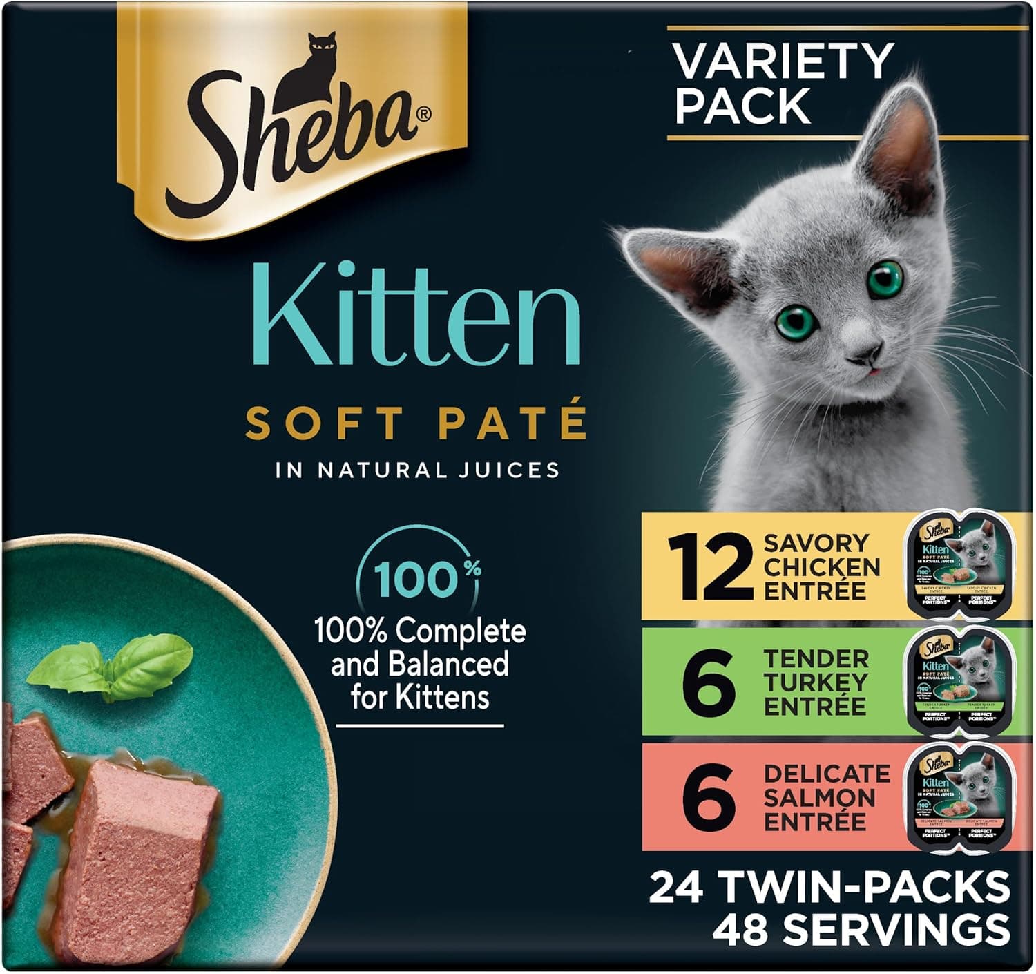 Sheba Perfect Portions Kitten Wet Cat Food Pate Chicken Entree, Salmon Entree, and Turkey Entree, 2.6 oz. Twin-Pack Trays (24 Count, 48 Servings) Chicken, Salmon & Turkey 24 Count (Pack of 1) - Image 2
