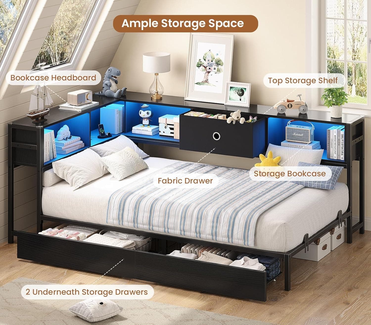 Hasuit Twin Corner Bed Frame with Storage Drawers and Bookcase Headboard, Twin Size Metal Platform Corner Bed Frame with Charging Station and LED Lights, Twin Daybed for Kids Teens Guests, Black Twin Black - Image 5