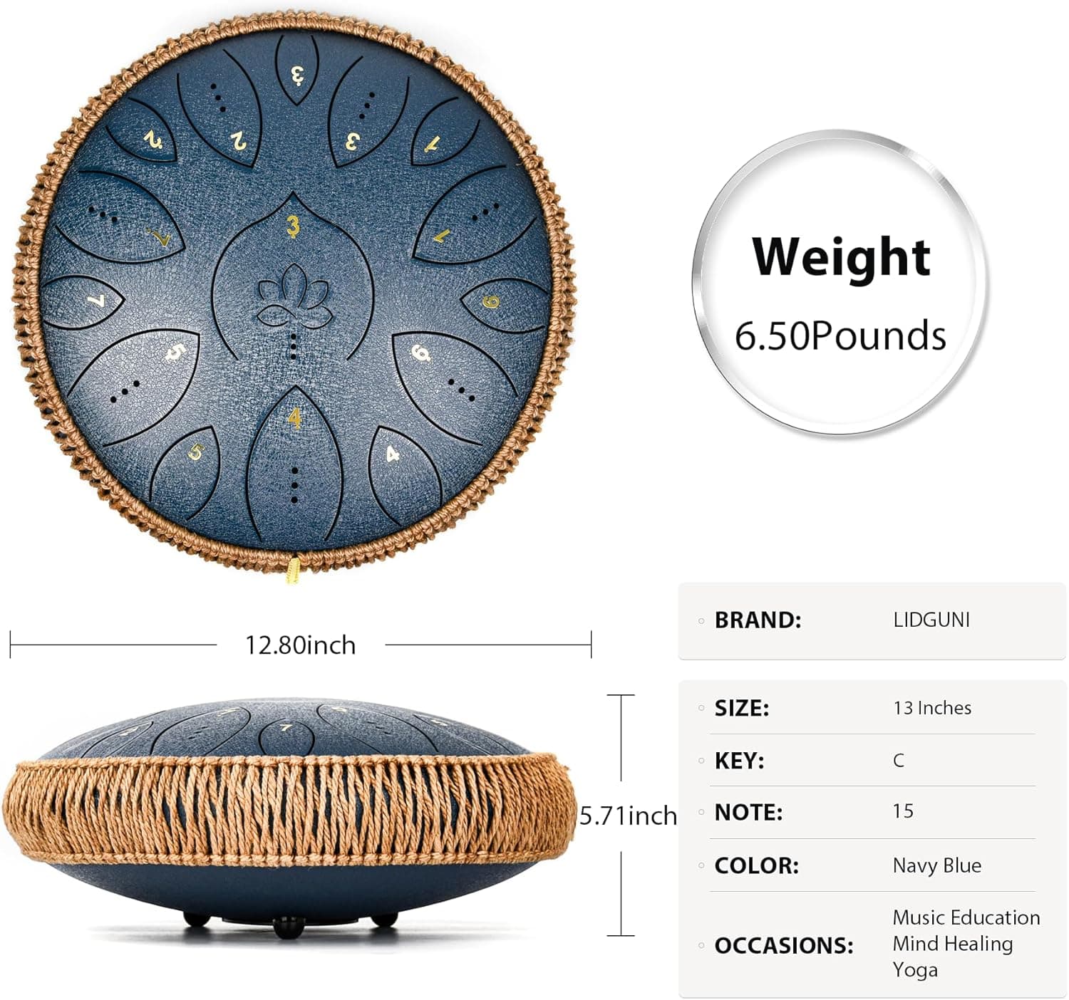 Steel Tongue Drum 13 Inches 15 Notes, Hand Pan Drums for Adults 440hz, C Major Handpan Musical Instrument with Song Book, Mallets and Carry Bag, Navy Blue Navy Blue 13Inch-Lotus - Image 4