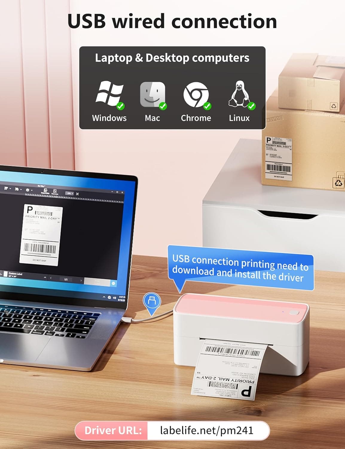 Phomemo Bluetooth Thermal Label Printer, 241BT 4X6 Wireless Shipping Labels Printer for Small Business, Pink Label Printers for Shipping Package, Compatible with iPhone, Android, Amazon, Shopify, USPS - Image 4