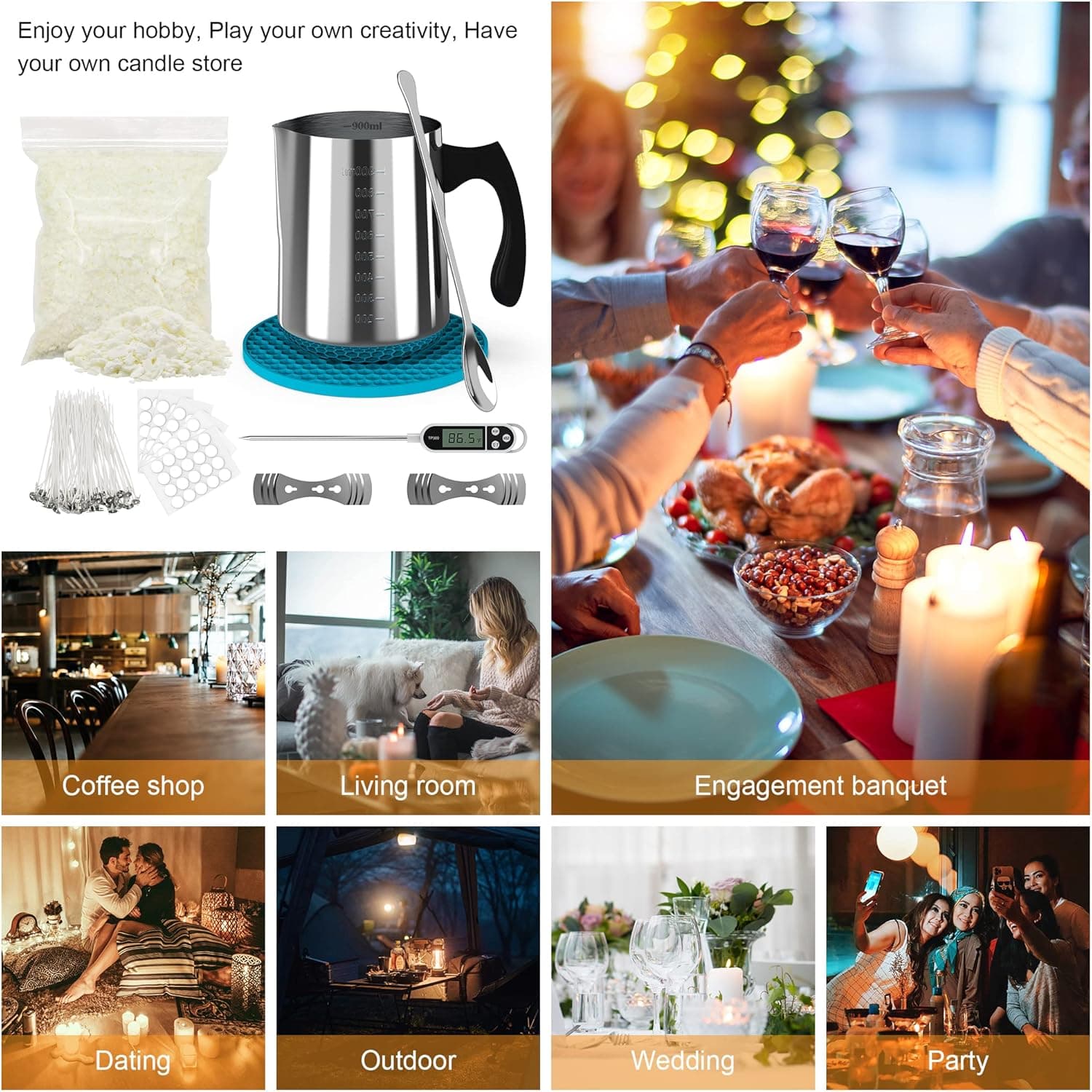 Ohcans 蜡烛制作套件，适合初学者，成人大豆蜡 DIY 蜡烛制作，配有 900ml 蜡烛倒入壶、蜡烛芯、蜡烛芯贴纸、蜡烛芯支架，初学者蜡烛制作套件 - Image 10